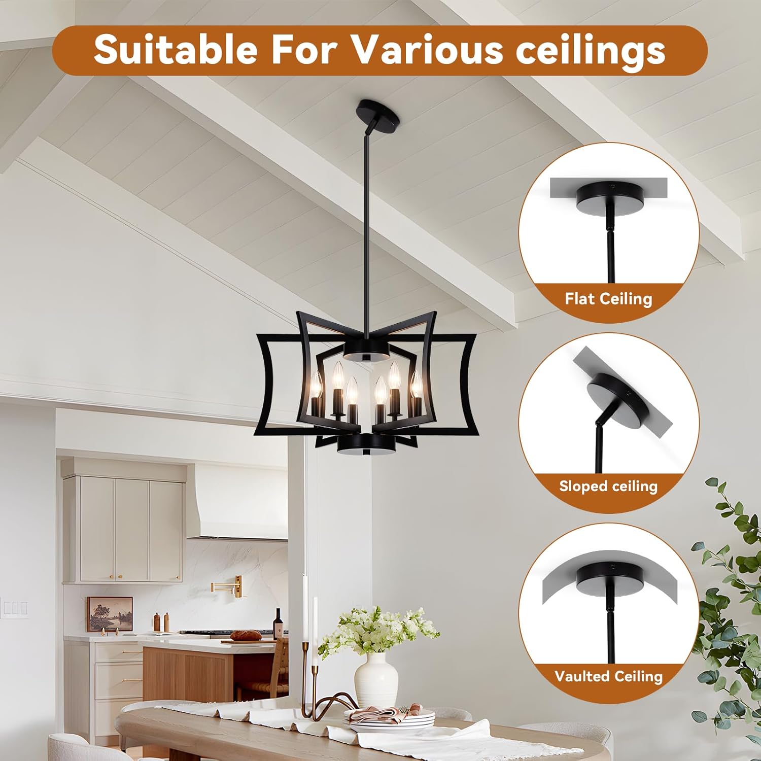 22.84" Black Metal Pendant Light, 6-Light Dining Room Light Fixture Modern Industrial Geometric Chandelier Lighting, Suitable for Villa Foyer, Kitchen Islands, and Farmhouse Living Rooms