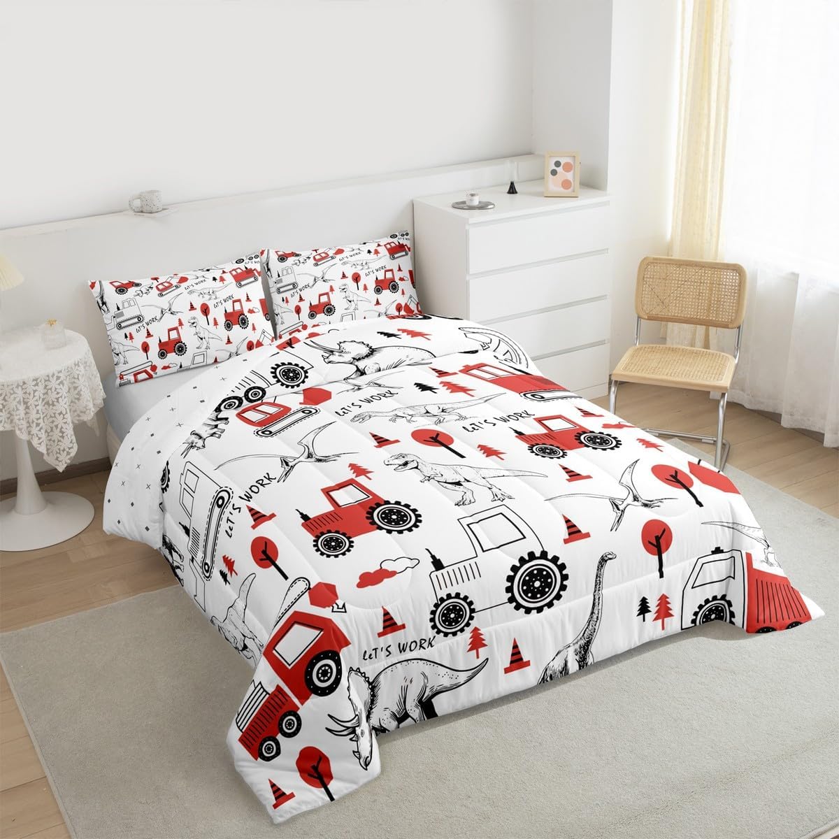 Feelyou Kids Construction Comforter Set Twin Size Construction Vehicles Bedding Set for Boys Dinosaur Comforter Jungle Dino Truck Red Duvet Set Bedroom Quilt Set 2Pcs with 1 Pillow Case