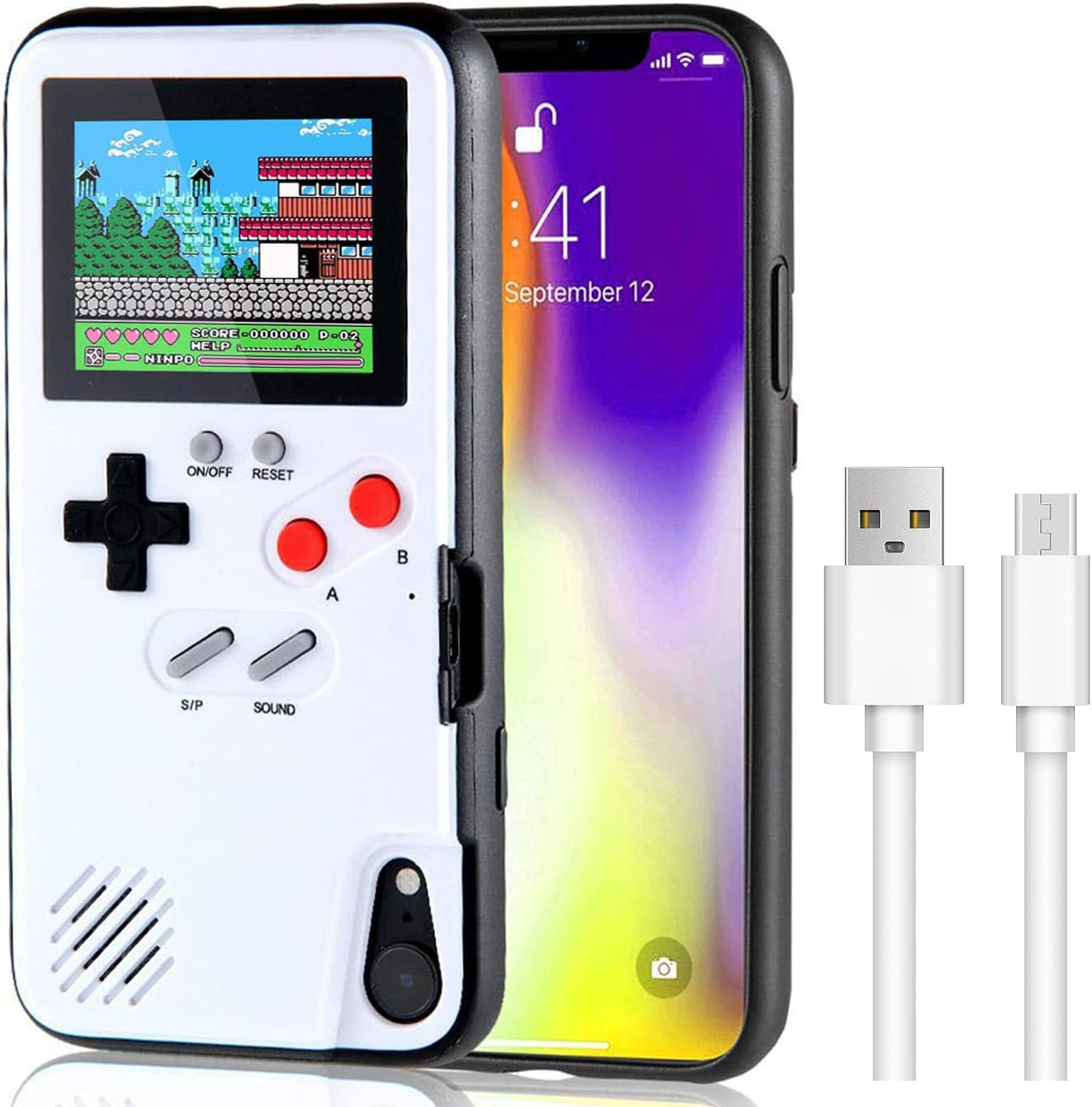 LIOWE Gameboy Case for iPhone, 3D Handheld Retro Game Console Phone Protective Case with 36 Small Game, Shockproof Video Game Case for iPhone XR, White
