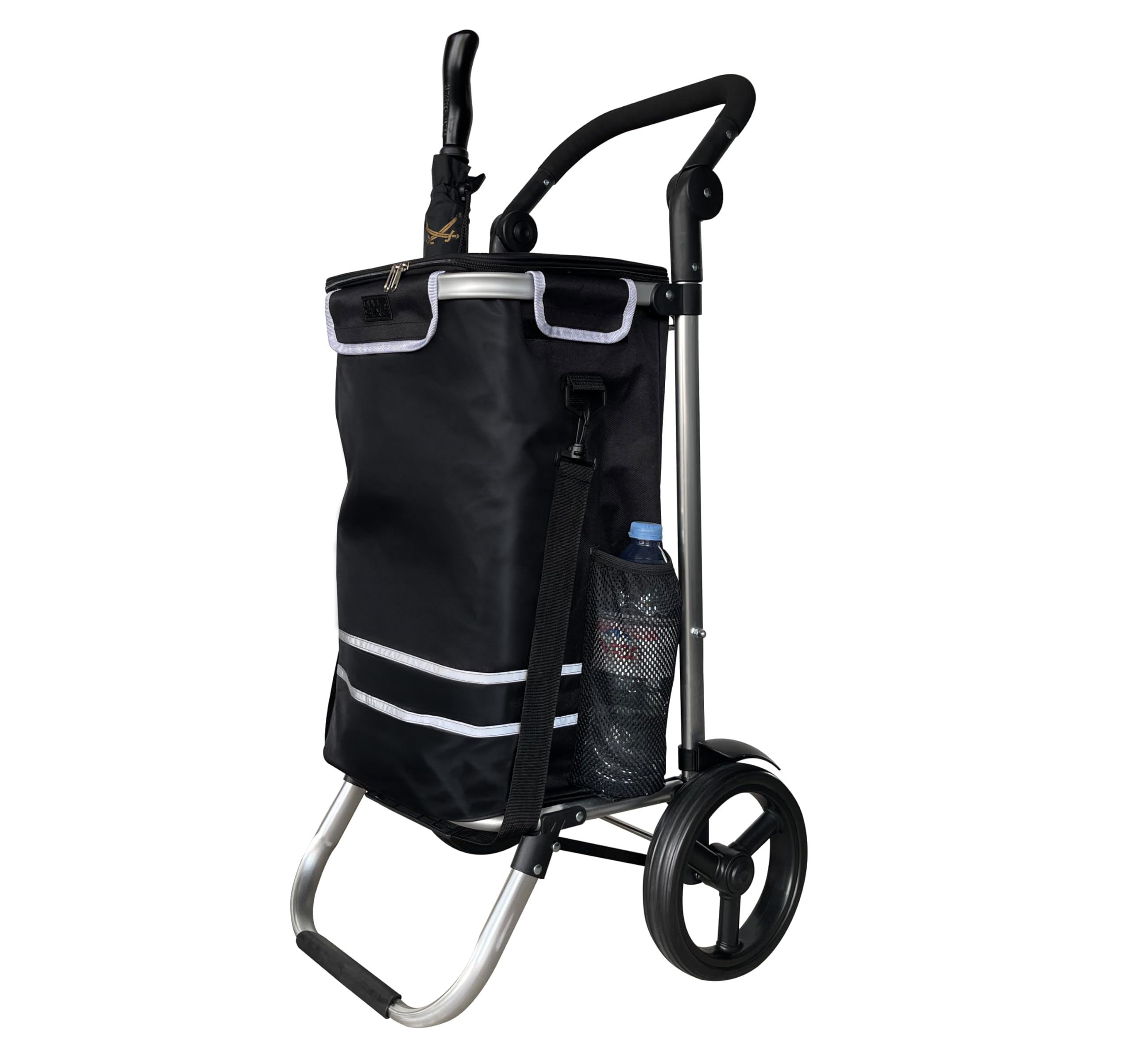 Trolley pieghevole in alluminio per la spesa, 57 l (48 l + scomparto frigo 9 l), nero, portata 30 kg, 35 x 45 x 98 cm, ruote Eva scorrevoli Ø 20,5 cm, pieghevole, utilizzabile come carrello e borsa a