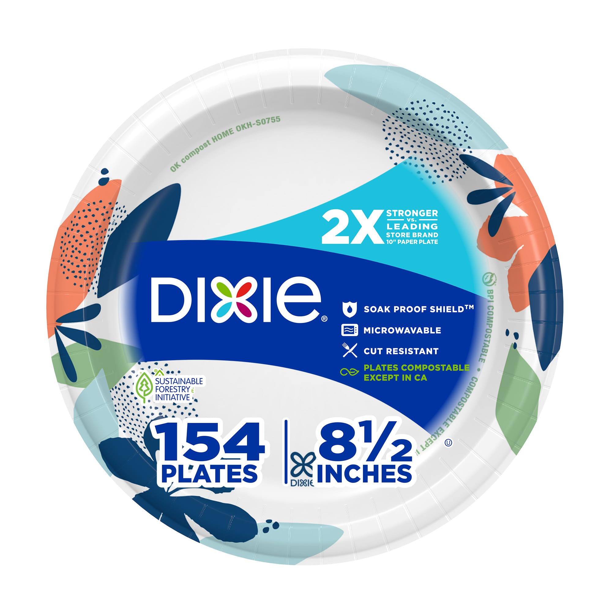 Dixie Medium Paper Plates, 8.5 Inch, 154 Count, 2X Stronger, Microwave-Safe, Soak-Proof, Cut Resistant
