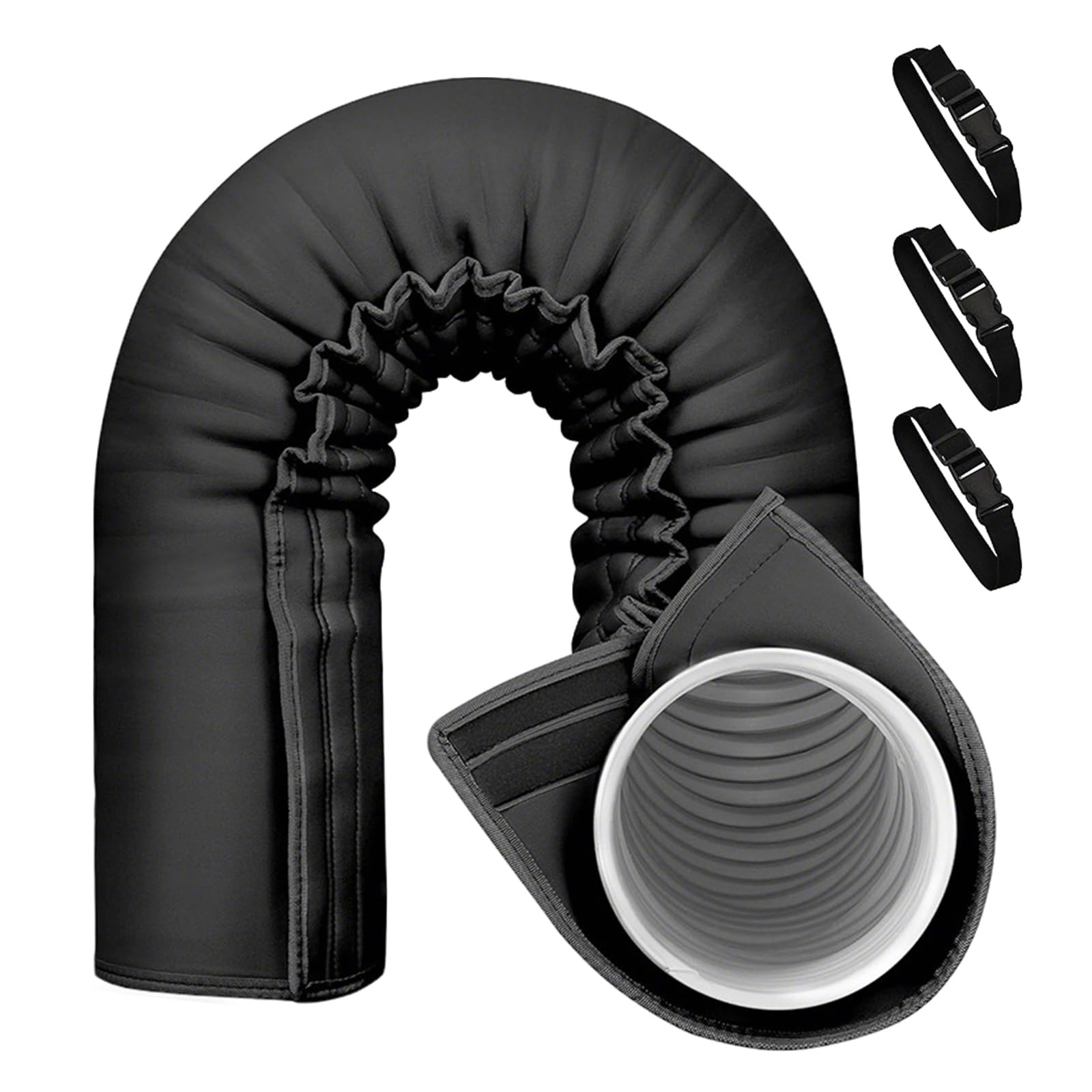 Cubierta Aislante para Manguera de Aire Acondicionado, Funda Aislamiento para Manguera de Aire Acondicionado Portátil para Conducto Escape de 12.7 y 15cm Diámetro, con 3 Correas (1, Negro)
