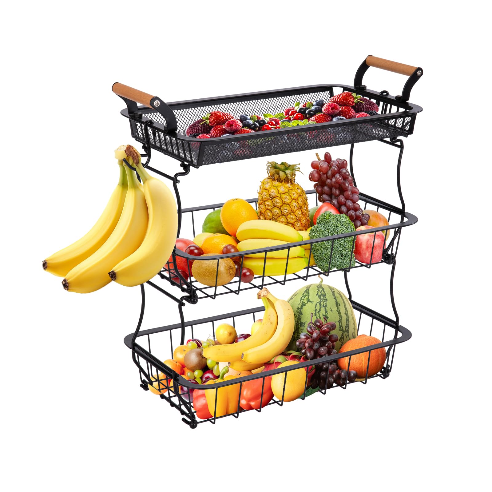 3-Tier Metal Fruit Basket with 2 Banana Hangers - Countertop Vegetable Organizer for Kitchen, Pantry & Dining Room | Rust-Resistant Wire Mesh Design | Holds Fruits, Veggies, Bread & Snacks (Black)