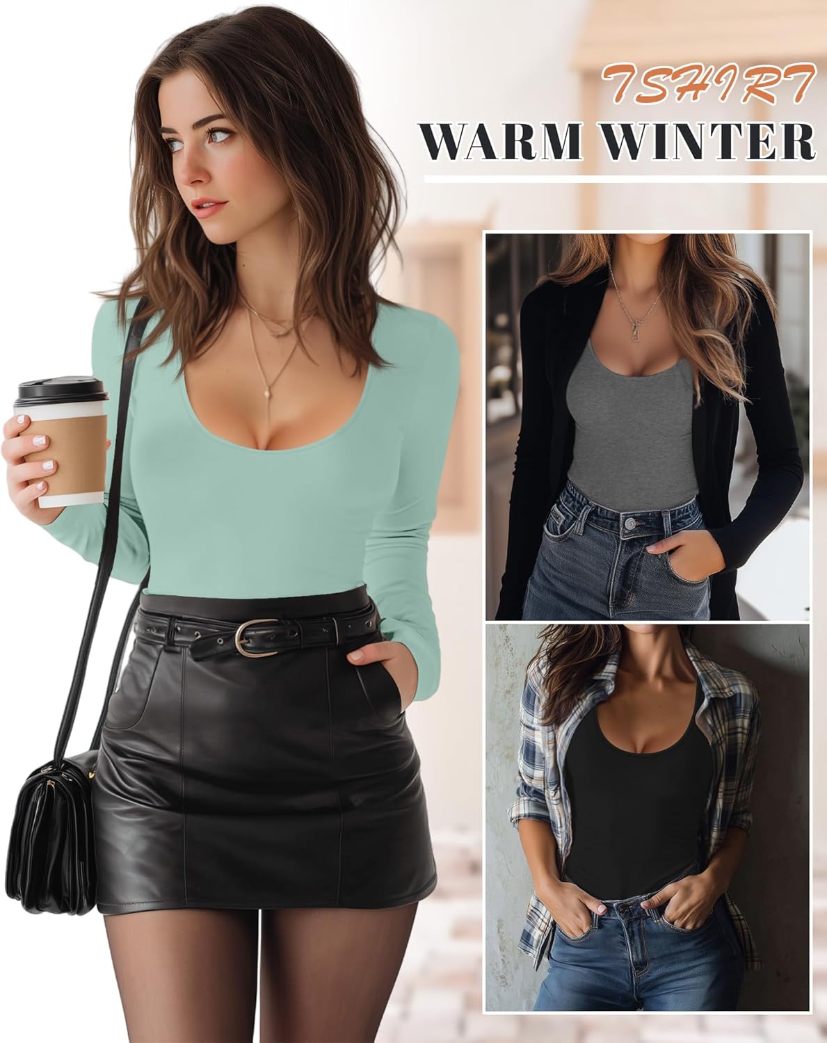 Riyiper 3 Pack Women's Scoop Neck Tops Long Sleeve Slim Fitted Shirts Casual Basic Tunic Fall Trendy Y2k Tight Tees - Image 6