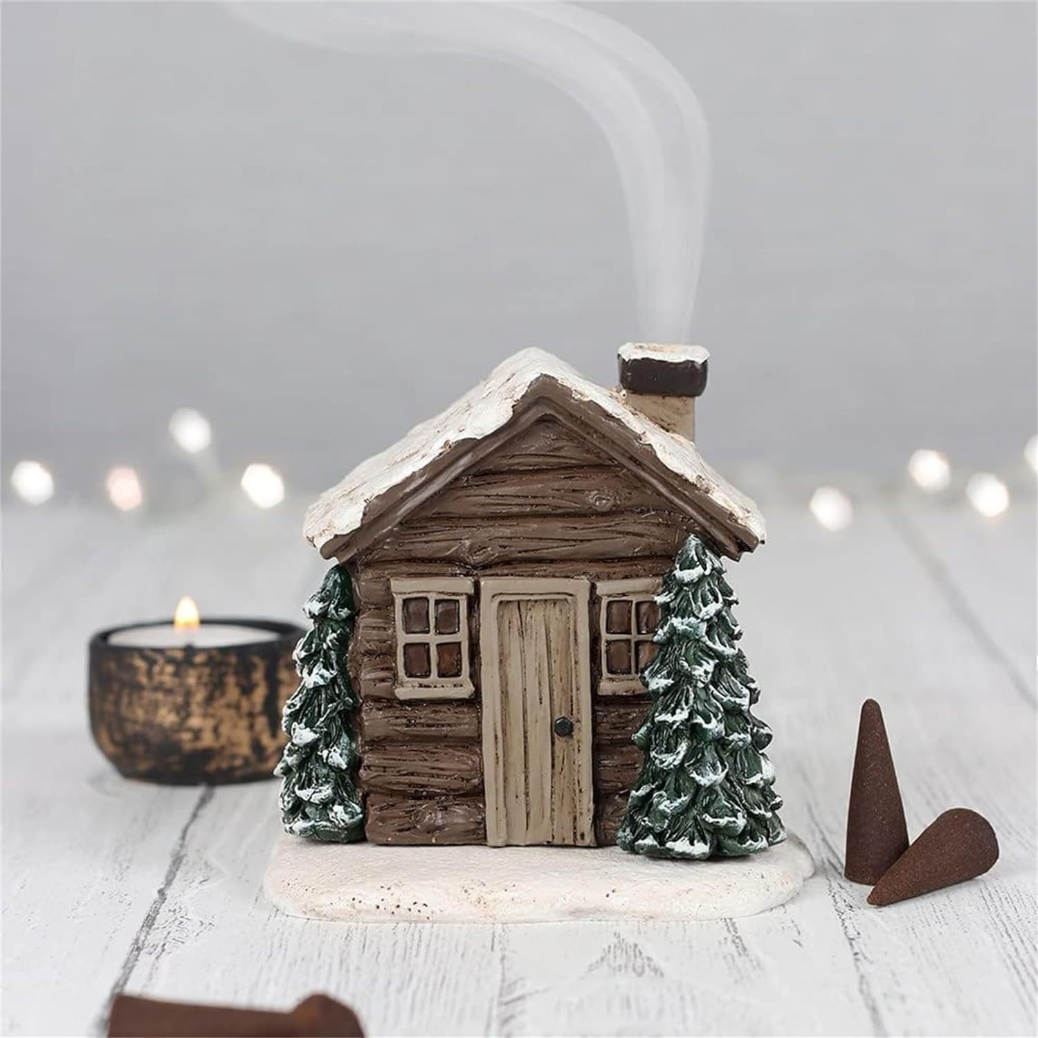 Log Cabin Snowy Winter Incense Cone Burner, Log Cabin