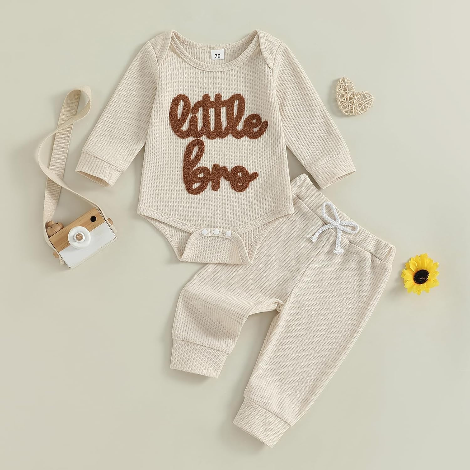 pengnight Baby Boy Clothes Little Brother Newborn Outfits Little Bro Embroidery Waffled Long Sleeve Romper Pants Fall Clothes - Image 3