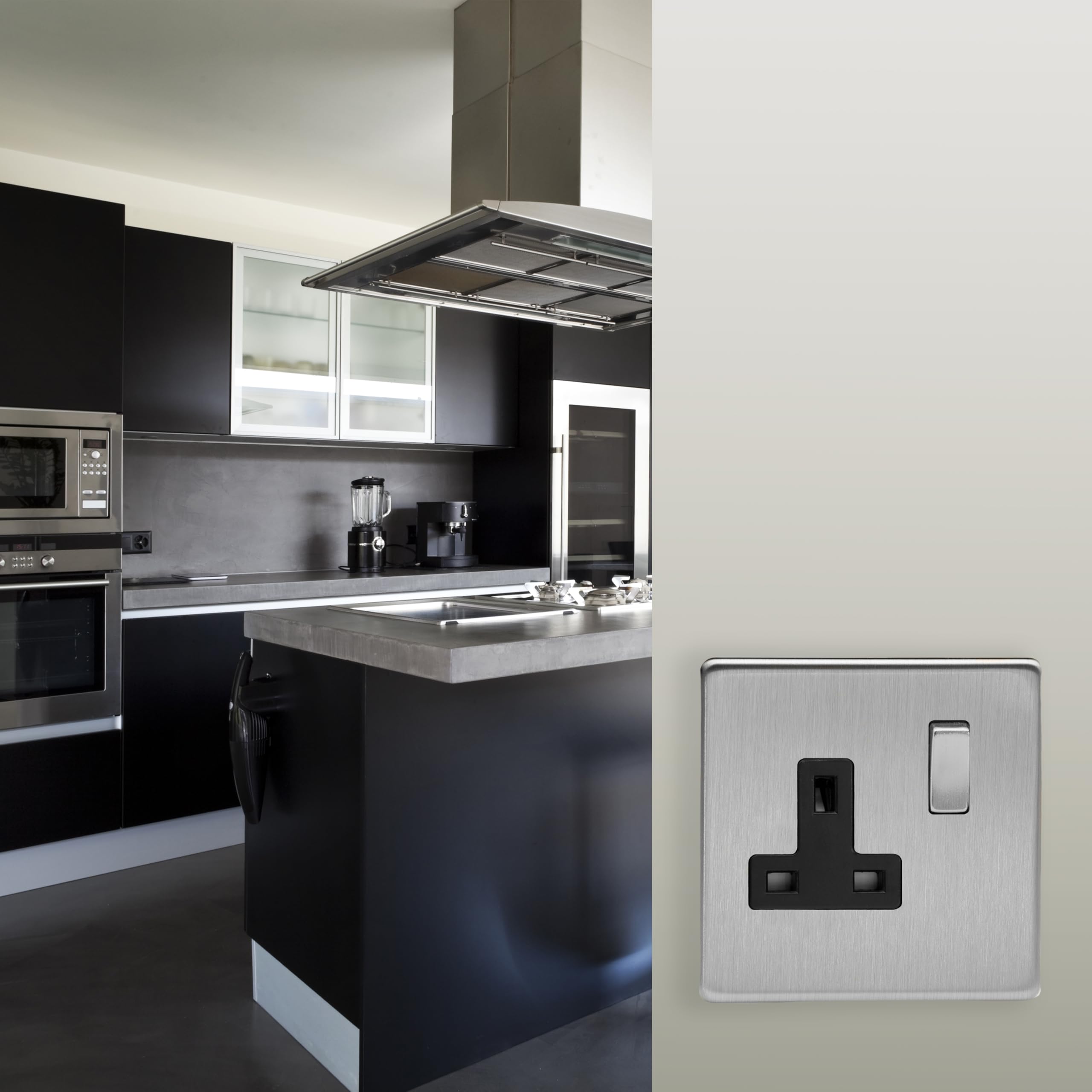 Varilight Single Switched Socket - Screwless Brushed Steel With Brushed Steel/Black Insert, 86x86x32mm - Image 2
