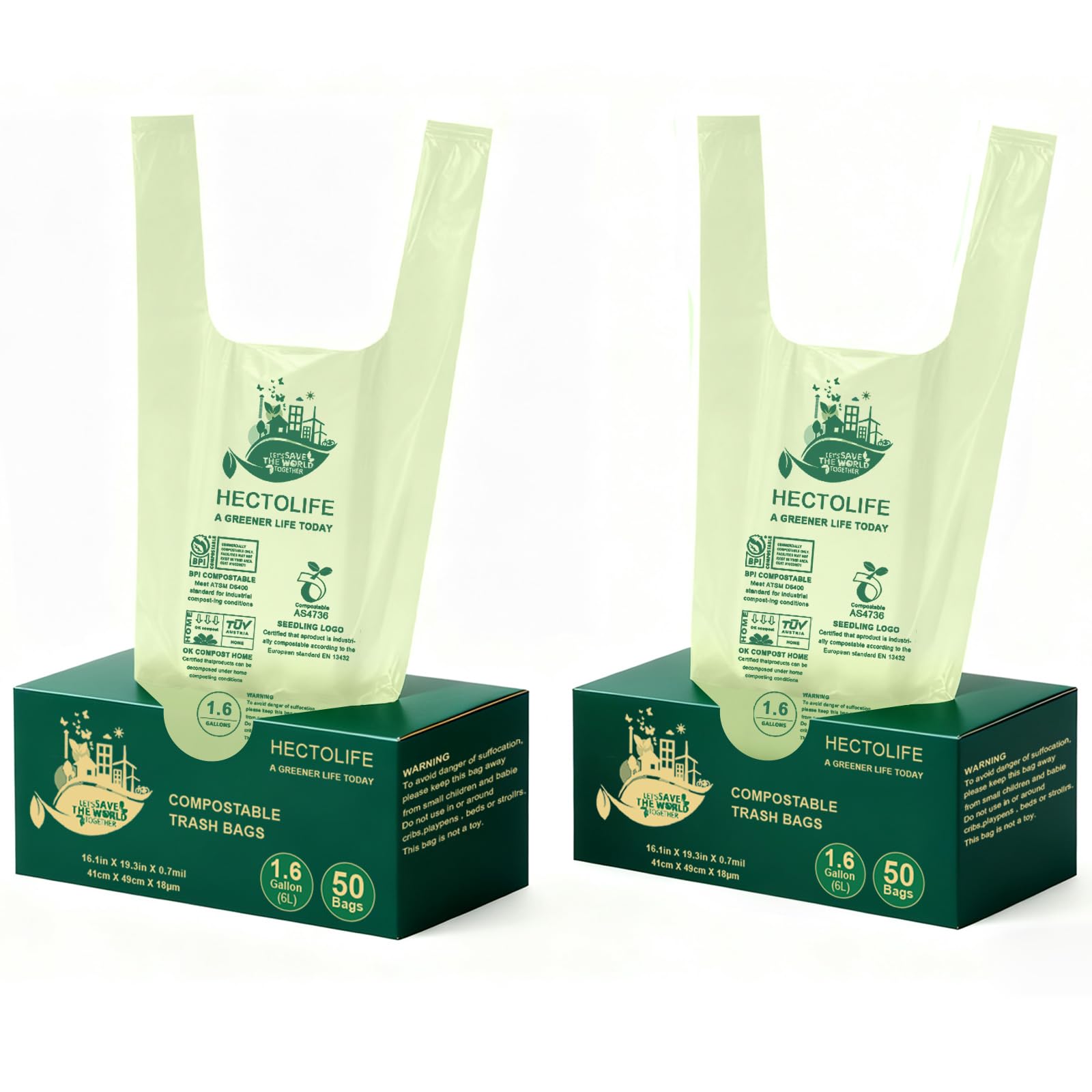 HECTOLIFE 1.6 Gallon 100 Count Compostable Bags With Handle Tie_desvips.com