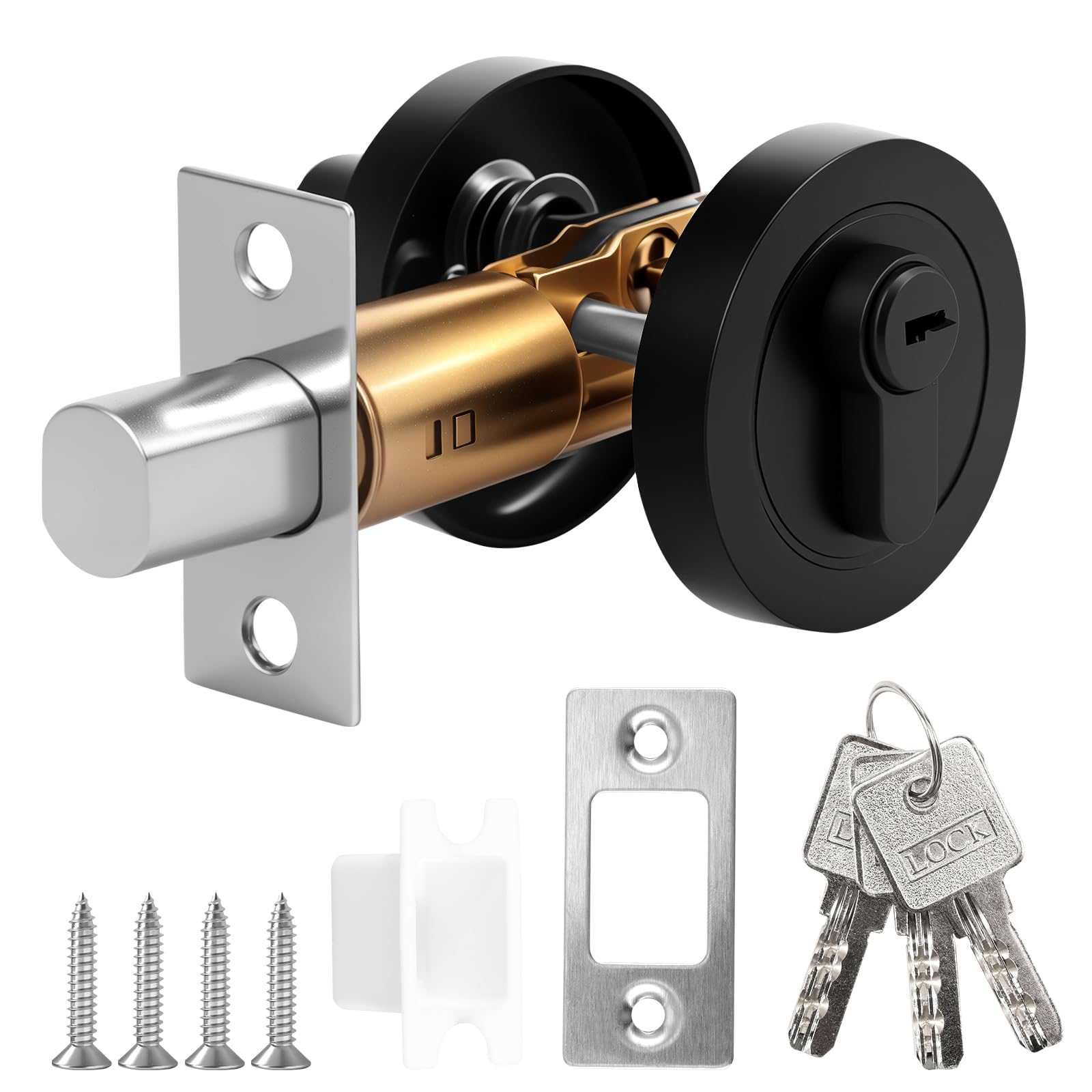 Round Deadbolt Lock with Keys Zinc Alloy Single Cylinder Deadbolt Anti Theft Door Latch Protection Invisible Barn Bolt for Office Bedroom Bathroom