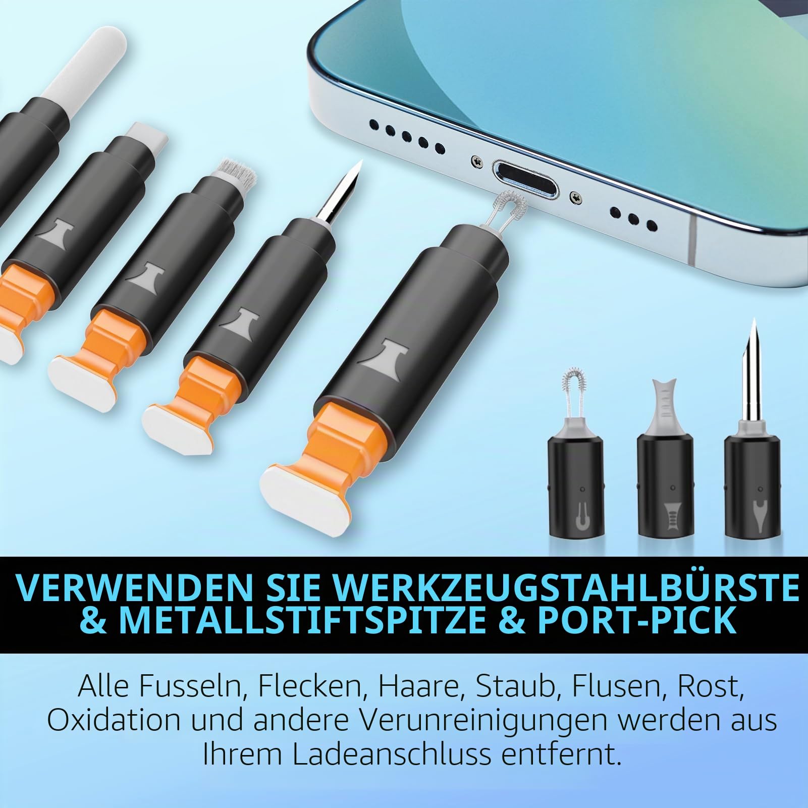 Ordilend Reinigungsset für iPhone, Ladeanschluss-Reiniger, Multi-Tool iPhone-Reiniger, Reparatur-Lightning-Kabel, Handy-Reinigungsset für iPad, Anschlüsse, Lautsprecher, Airpod mit Aufbewahrungstasche