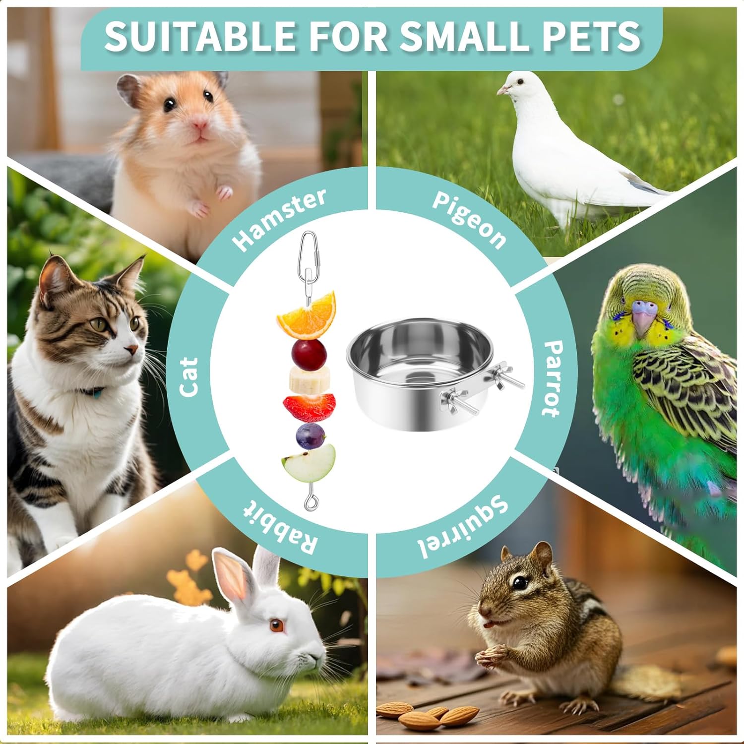 2 Pcs Bird Feeder Bowls with 3 Pcs Food Holder for Cage, Parrot Food Water Bowls and Fruit Skewer Foraging Toy, Stainless Steel Bird Feeding Dish Cups for Small Animals (Silvery, 5 Pcs)