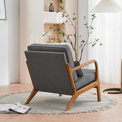 Miniatura 9 de BIVVI Modern Accent Chair Armchair with Oak Armrest, Upholstered Single Lounge Chair Comfy Linen Reading Vanity Living Room Chairs Sofa Chair,Indoor