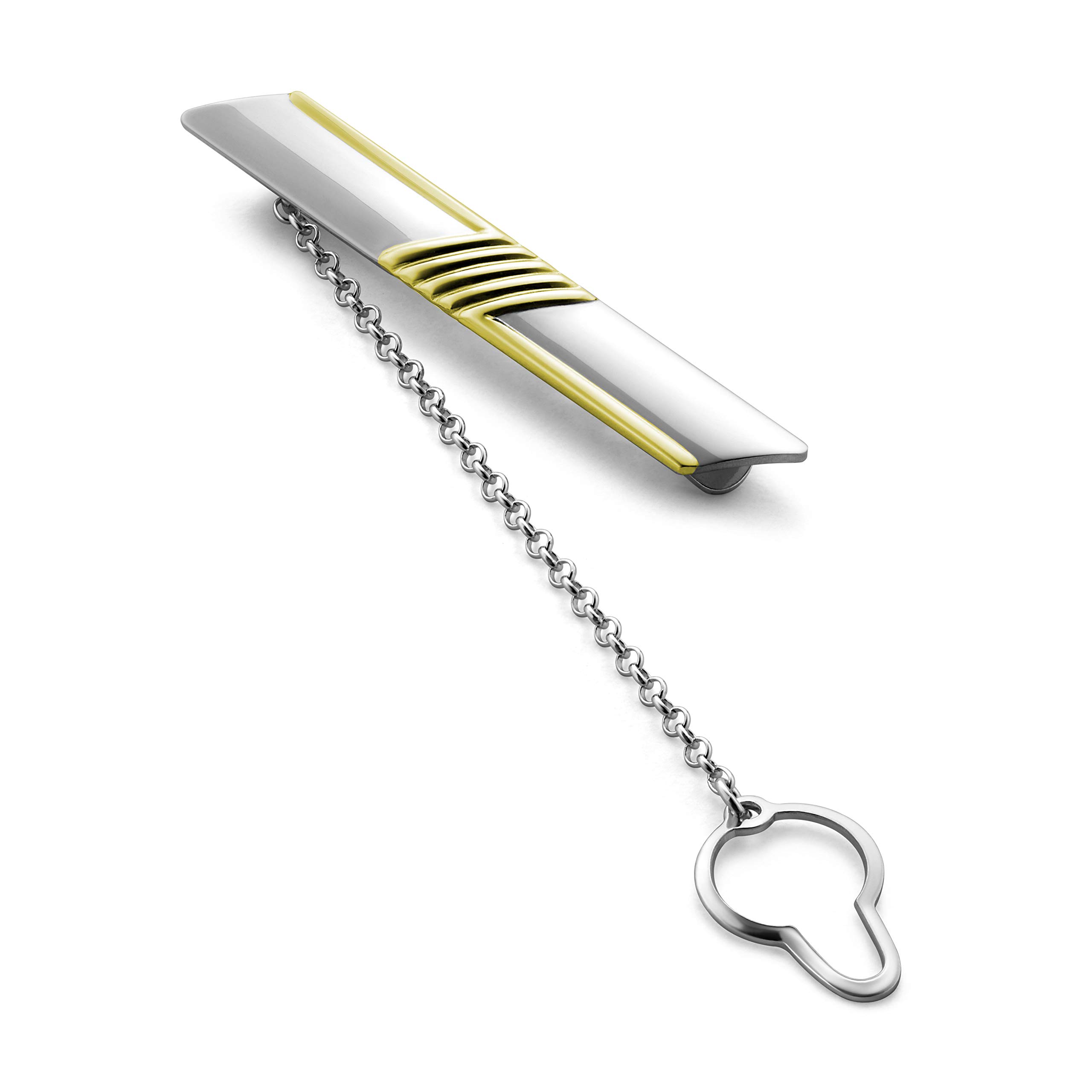 Clip De Corbata De Plata Para Hombre Con Rayas Chapadas En Oro Y Cadena Seguro