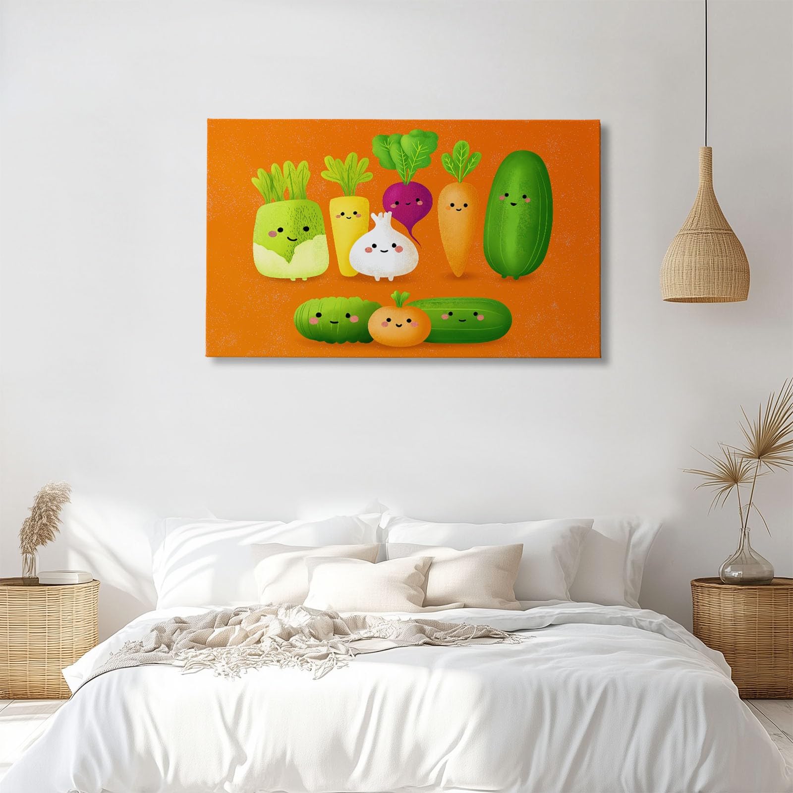 Generisch Lebensmittel Gemüse Gurke Karotte Modernes Leinwandbild 100L x 75B cm mit Rahmen, Cartoon XXL Wanddeko für Wohnzimmer Geschenk Idee Einzug - Hochwertiger Kunstdruck auf Holzrahmen