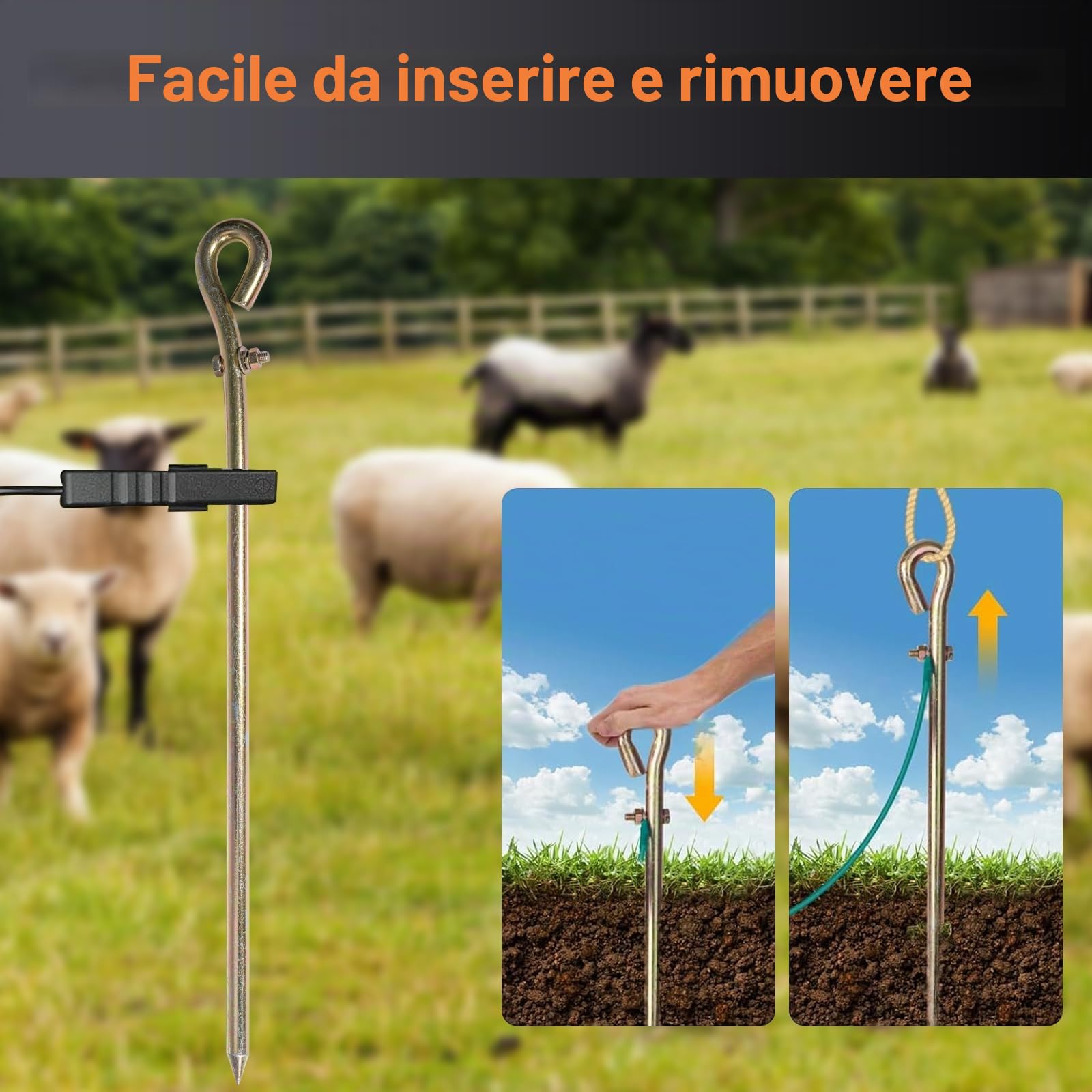 45cm Perno di Terra per Recinto Elettrico con Cavo di Collegamento | Cavo con Pinze per Energizzatore e Caricatore Solare, Accessori per Recinto Elettrico
