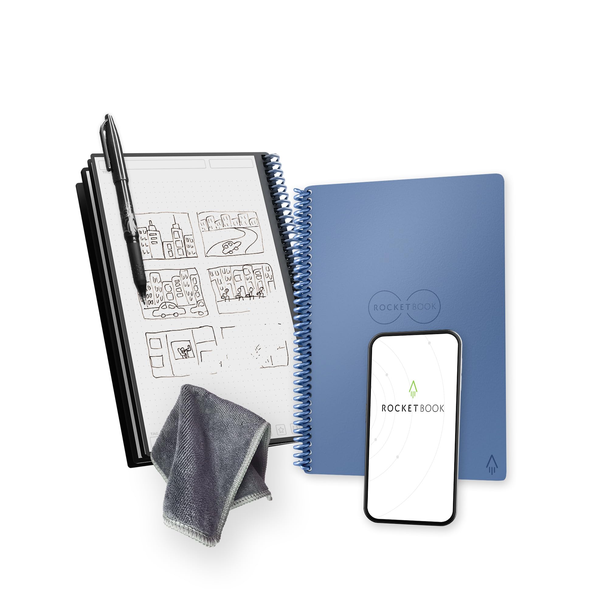 RocketbookCore Reusable Smart Notebook | Innovative, Eco-Friendly, Digitally Connected Notebook with Cloud Sharing Capabilities | Dotted, 6" x 8.8", 36 Pg, Steel Blue, with Pen, Cloth, and App