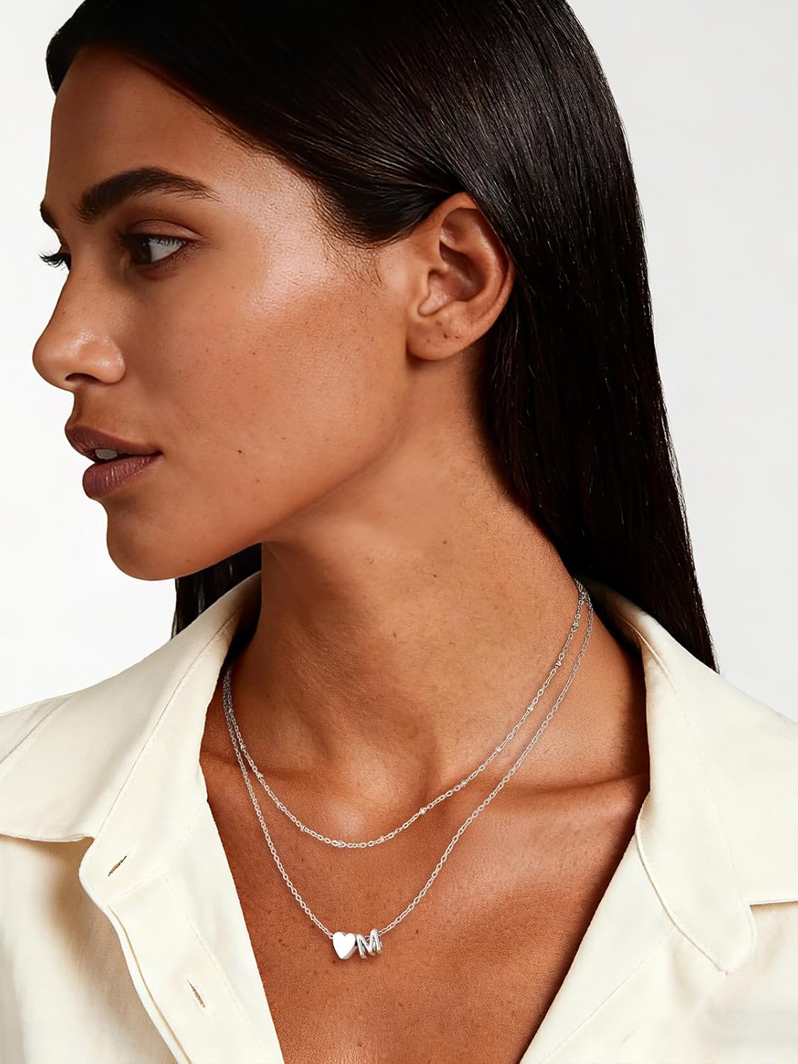 U7 Layered Heart Initial Necklace for Women,Tiny Silver/14K Gold Plated Heart Initial A-Z Letter Pendant Necklaces,Adjustable 16"- 18" Valentines Birthday Personalized Jewelry Gifts - Image 3