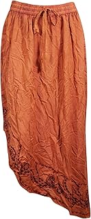 Mogul Interior Women's Orange Maxi Skirt Embroidered A-Line Elastic Waist Gypsy Boho Skirts S/M