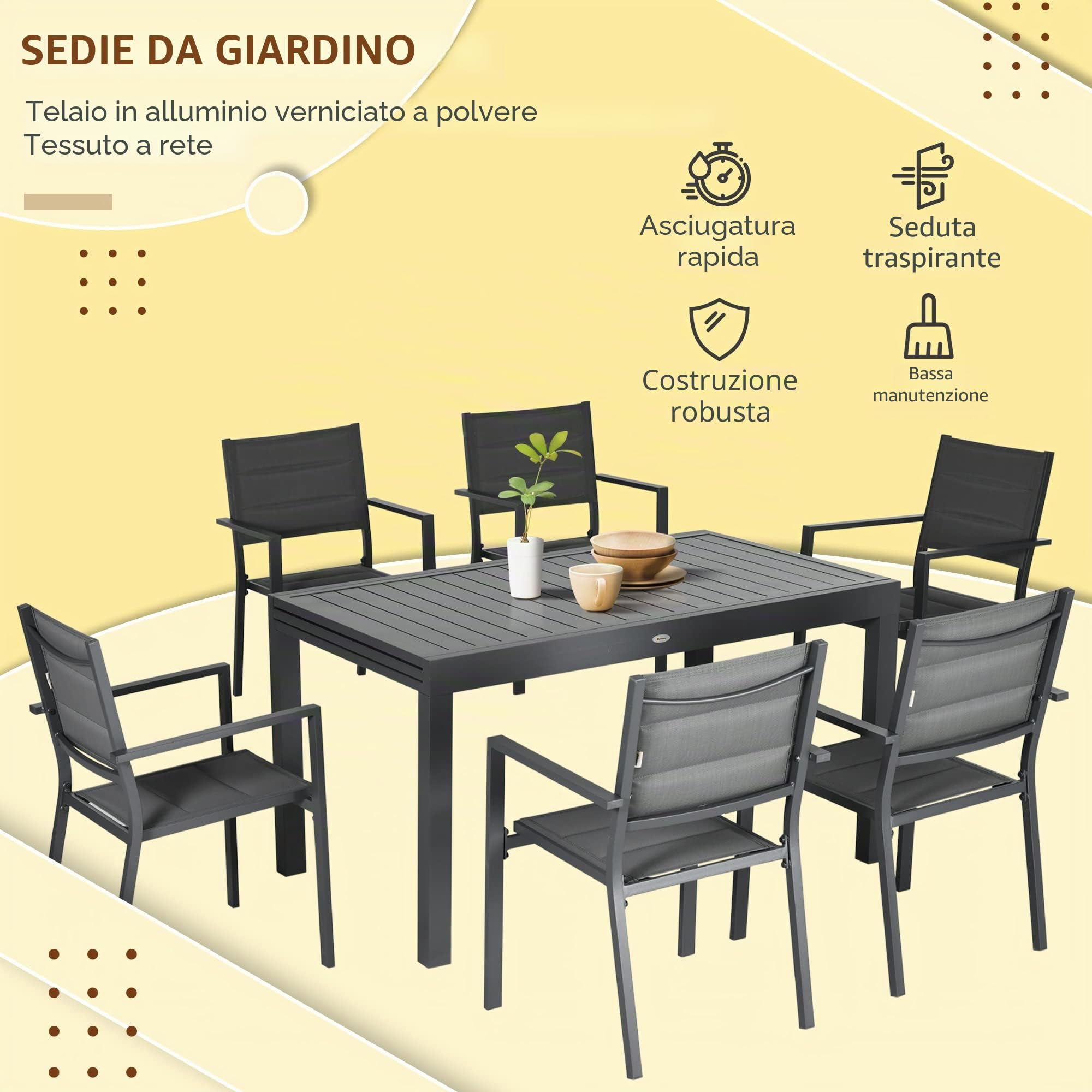 Outsunny Tavolo da giardino allungabile 135-270 cm per 6-8 persone in alluminio e textilene - 8 sedie impilabili - grigio