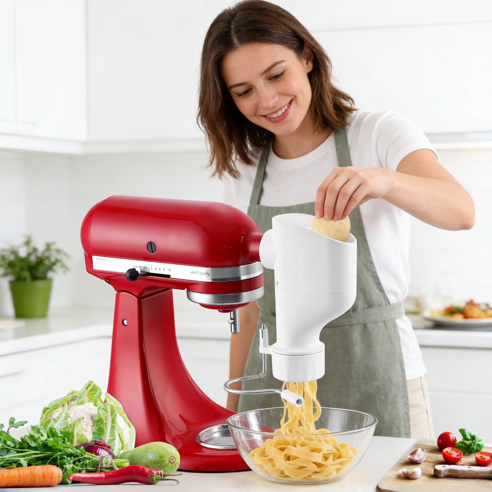 Gourmet Pasta Maker Aufsatz für KitchenAid Standmixer | 7 austauschbare Nudelplatten, für Spaghetti, Fusilli, Makkaroni, Bucatini und Rigatoni, Nudelpresse im neuen Buckle Design