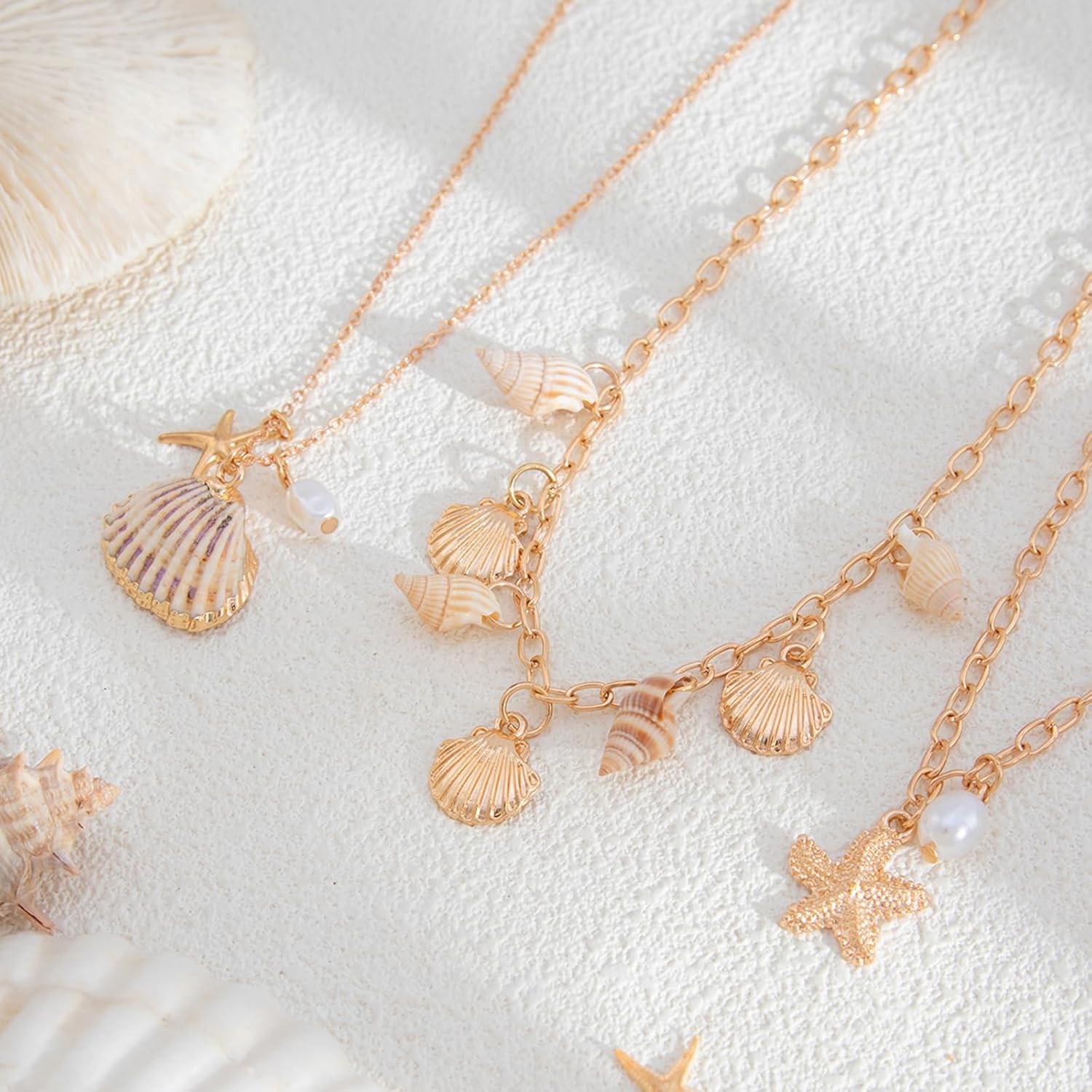 Gold Plated Layered Charm Shell Starfish Necklace for Women Beach Jewelry Ocean Inspired Summer Seashell Choker, Boho Stackable Chain with Pearl Ideal Gift - Image 7