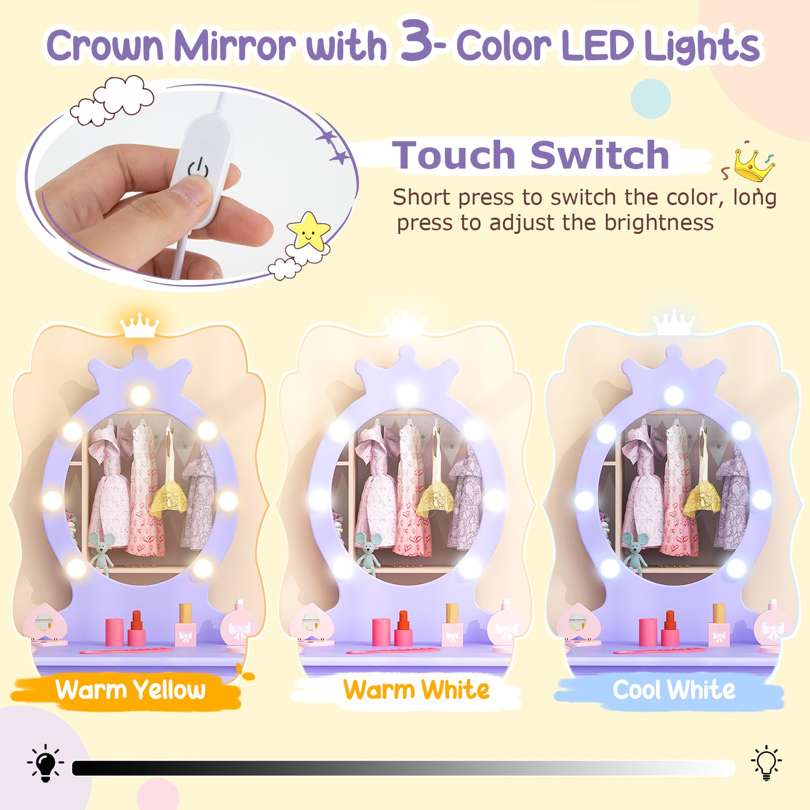 Costzon Kids Vanity, Girls Vanity Set with Mirror and Stool and Lights, Drawer, 2 in 1 Wooden Toddler Makeup Vanity Desk Dressing Table, Pretend Play Kids Vanity Table and Chair Set (Violet)