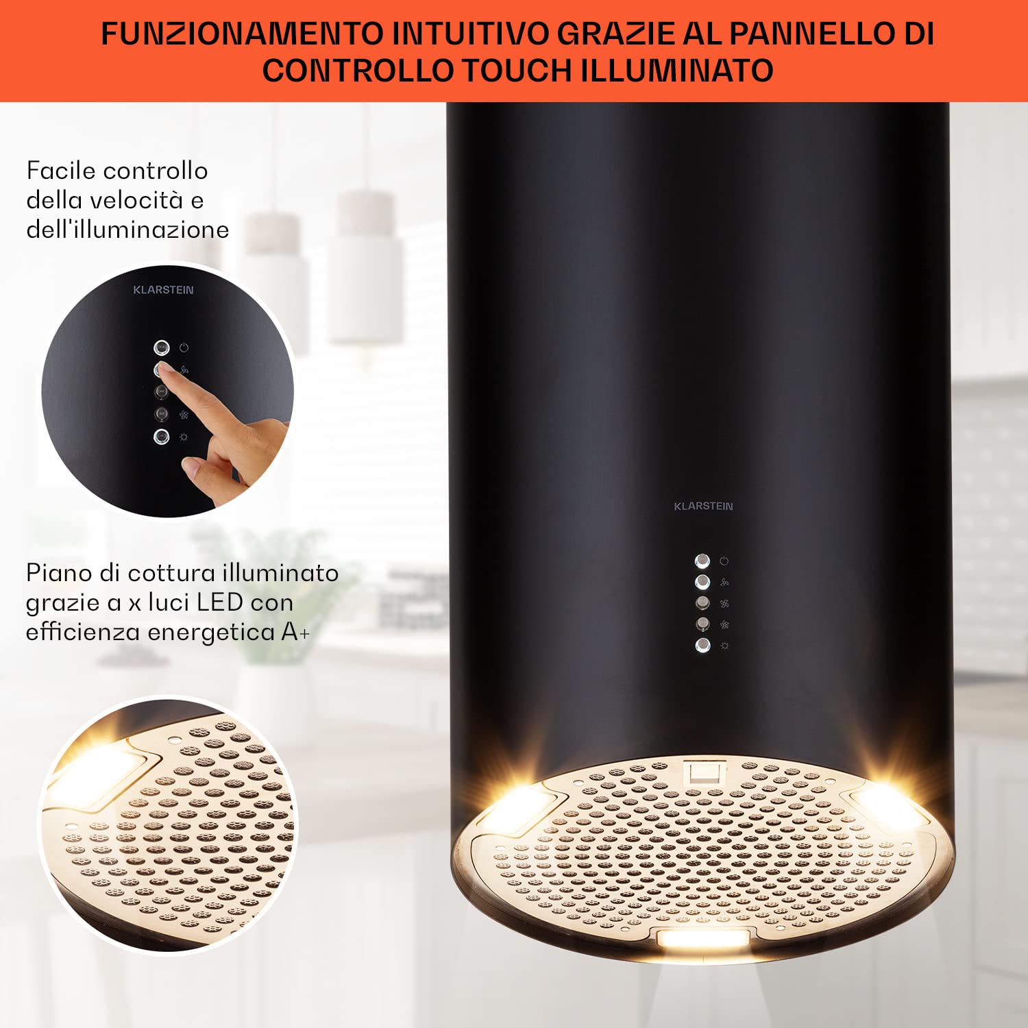 Klarstein Cappa Aspirante, Cappa Cucina con Timer e Flusso d'Aria di 600m³/h, Cappa Sospesa per Isola Cucina con 3 Modalità e Filtri Antigrasso, Cappa Isola Sottopensile con Filtri a Carboni Attivi