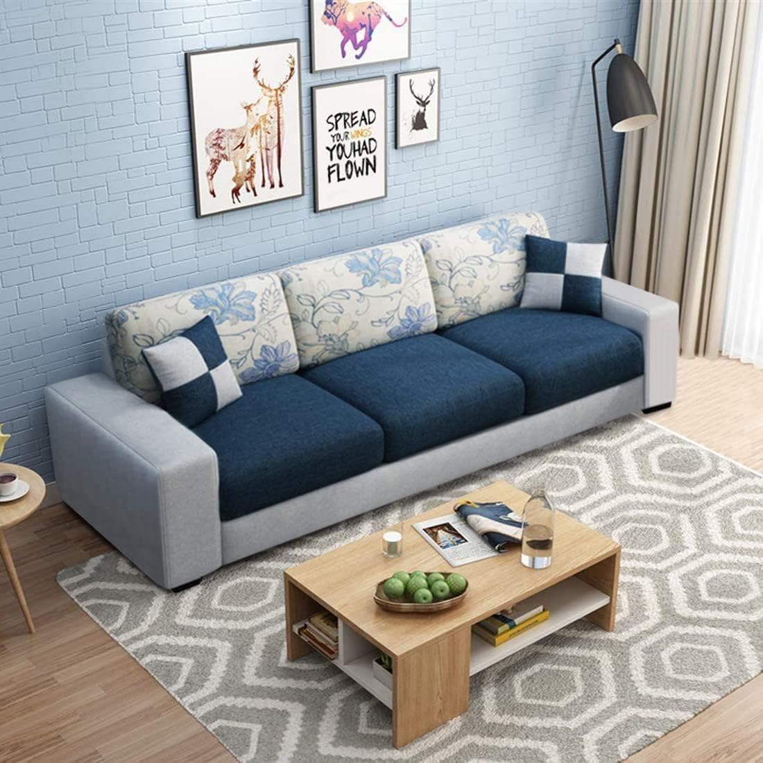FURNY Orionoy 3-Person Sofa Fabric Sofa Set - (Dark Blue-Light Grey)