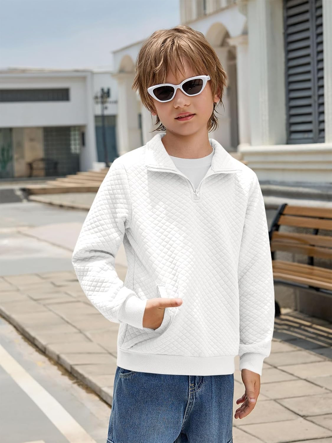Haloumoning Boys Quarter Zip Quilted Sweatshirts Kids Fashion Long Sleeve Pullover Clothes 5-14 Years