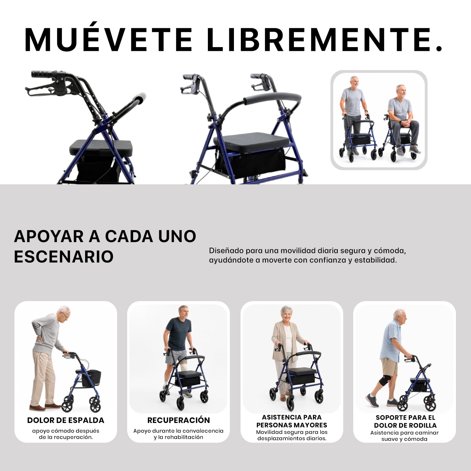 VED Andador para Ancianos con Asiento y Frenos, Andadores Adultos Plegables de 4 Ruedas, Andadores para Ancianos Estrechos para Casa, Regalo Ideal para Personas de 90 Años