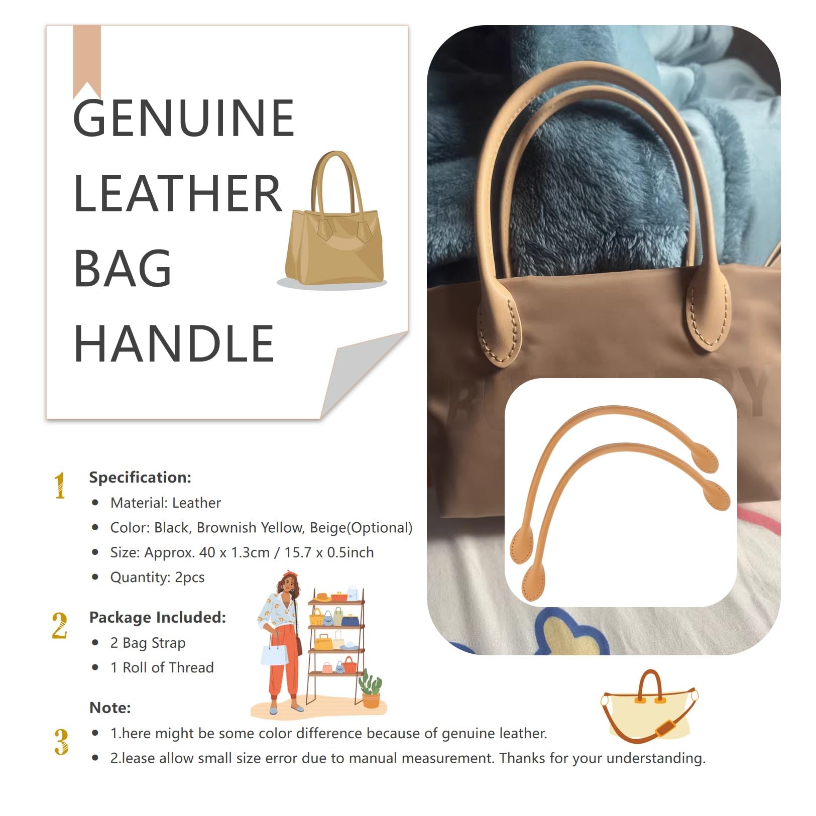 2-delige lederen tas handgrepen, lederen tas riemen handvat met draad, handgemaakte lederen schouderriem voor handtas Tote - 15,7'' x 0,5''(Bruinachtig geel