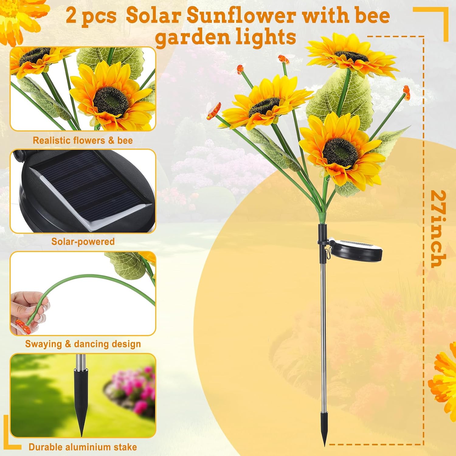Hortsun 2 Pack Sunflower Bee Solar Lights Outdoor Decor Waterproof Solar Lights with 6 Sunflower and 8 Bee for Yard Front Yard Garden Lawn Patio Outside Decor
