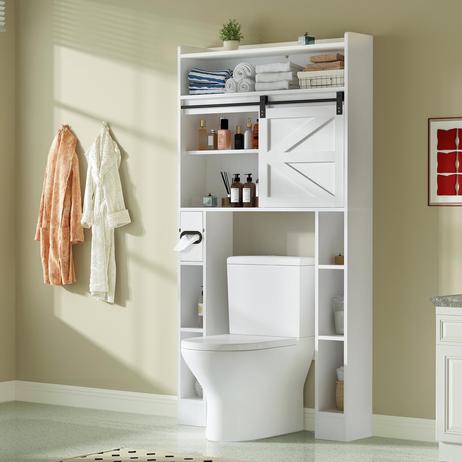 Over The Toilet Storage Cabinet, 32.5''W Over Toilet Storage with Sliding Barn Door, Freestanding Over Toilet Storage Shelf, Bathroom Storage Cabinet Organizer, White