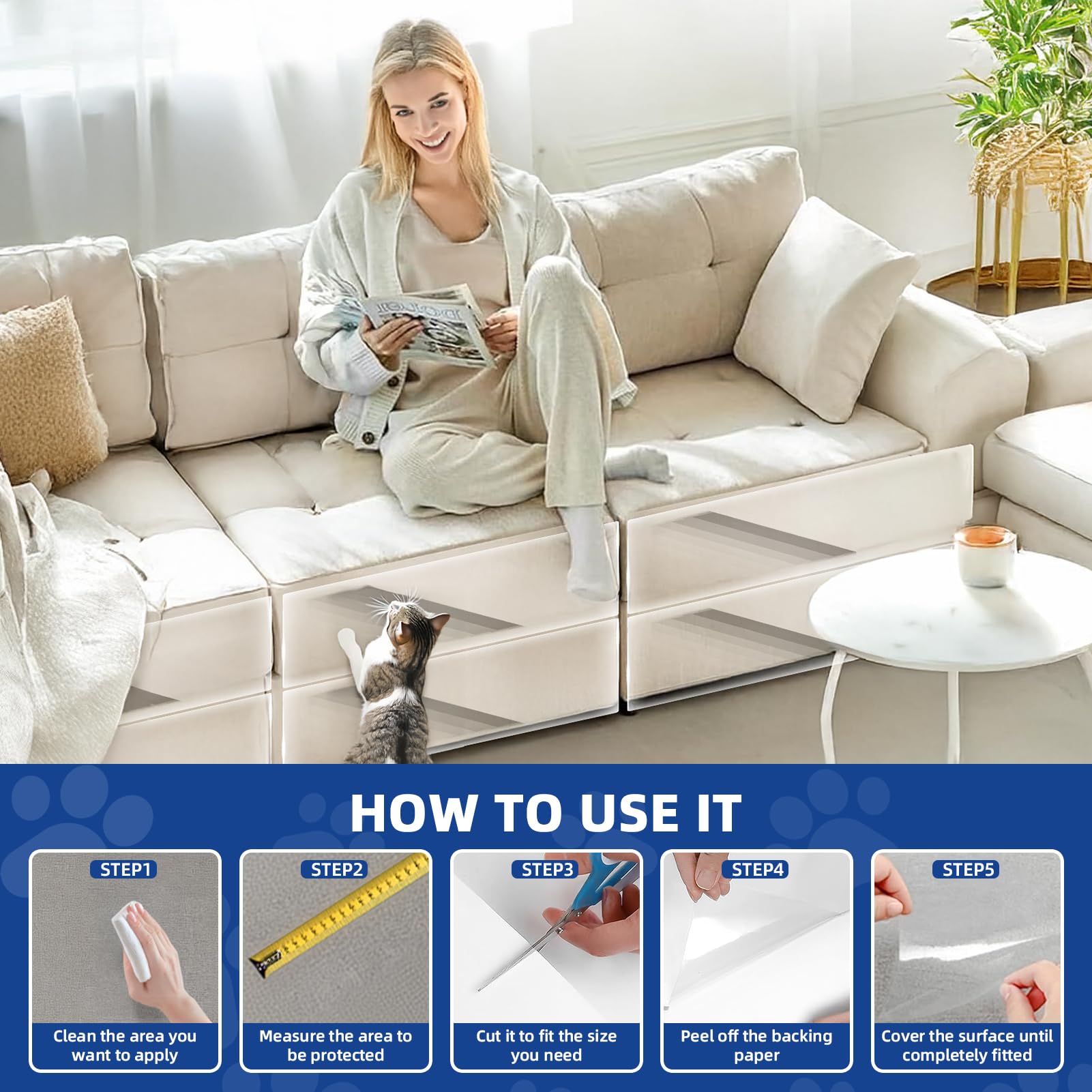 TOOSOFt - Protectores de sofá de plástico para Mascotas (5 m x 42 cm), Adhesivo Grande antiarañazos para Gatos, Protector de Muebles – Cinta Adhesiva Transparente para Evitar arañazos de Perros para