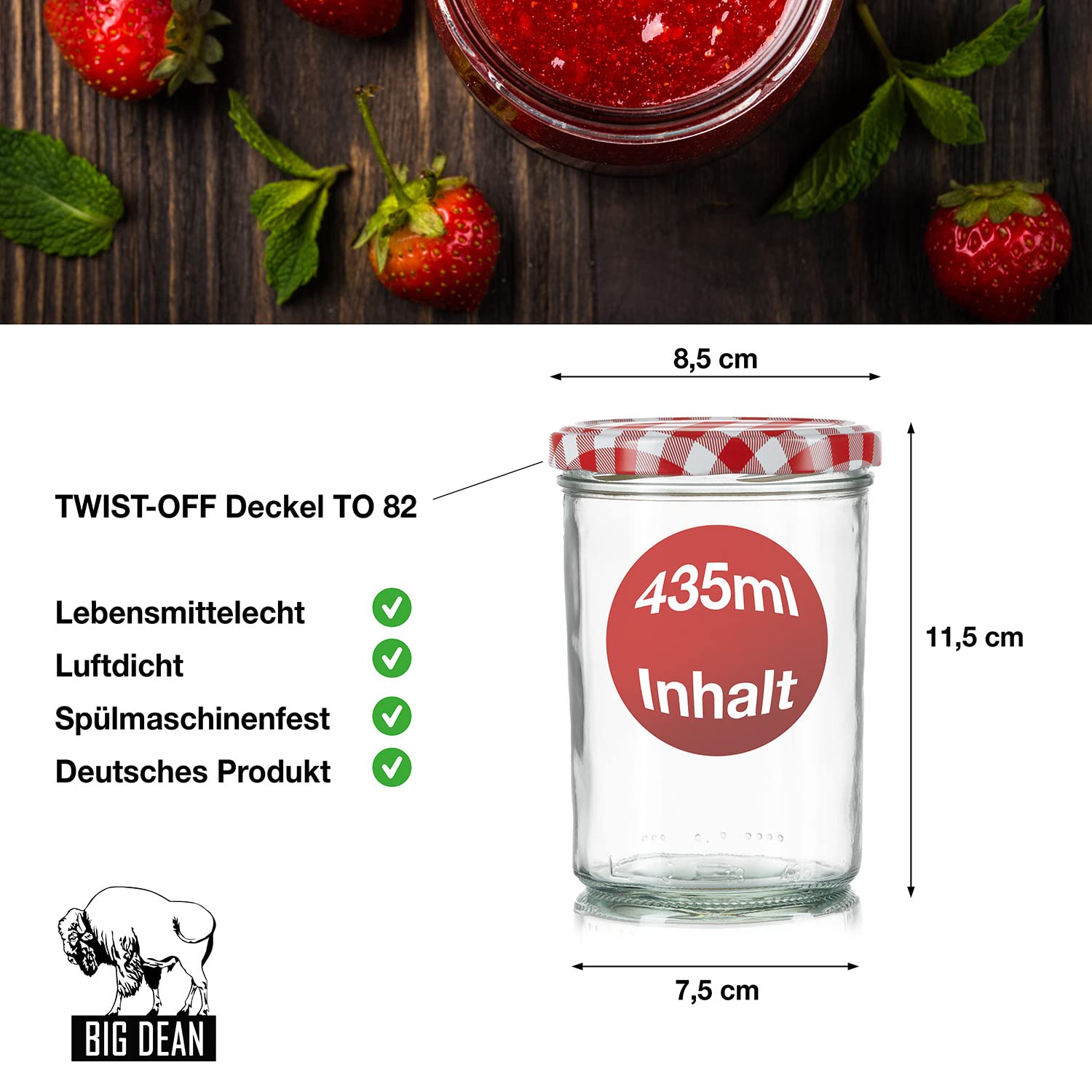BigDean 108 Sturzgläser 435ml Einmachgläser mit Deckel Schraubgläser TO82
