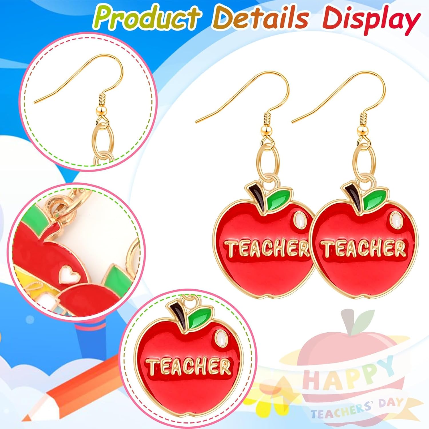 9 Pairs Teacher Earrings for Women Rainbow Pencil Book Dangle Earrings for Graduation Teacher Appreciation Gift Back to School Jewelry - Image 3