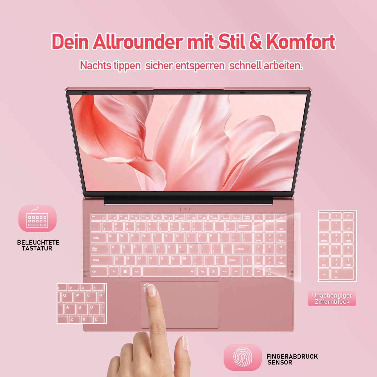 Laptop 15,6 Zoll Rosa, AMD Ryzen 3000er-Serie, 8 GB RAM, 256 GB SSD, Windows 11 Pro, FHD IPS Notebook, Wi-Fi 6, vollwertiges USB-C, Fingerabdruck, beleuchtete Tastatur
