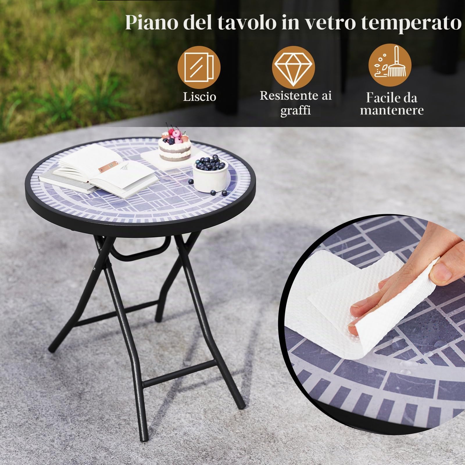 KOMFOTTEU Tavolo da giardino in vetro temperato da 46 cm, tavolino pieghevole con telaio in metallo, tavolo da pranzo rotondo per patio, terrazza, balcone, tavolo laterale per interni ed esterni