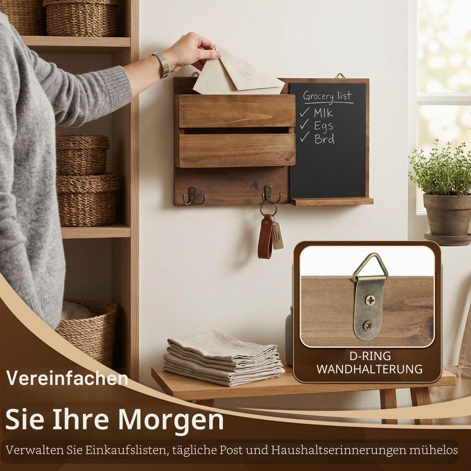 Flexzion Rustikale Holz-Wand-Organizer für den Eingangsbereich, wandmontierter Mudroom-Aufbewahrungs-Organizer mit Kreidetafel/Memoboard & Schlüsselhaken/f Möbel-Accessoire für Haustür und