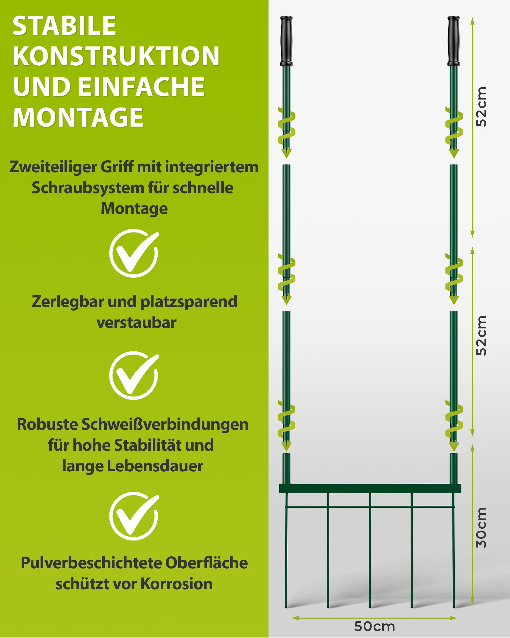 Grabegabel 5 Zinken, 30 cm Zinkenlänge, 51 cm Arbeitsbreite, Zerlegbar, Ergonomisch, Rückenschonend, Tiefe Bodenlockerung
