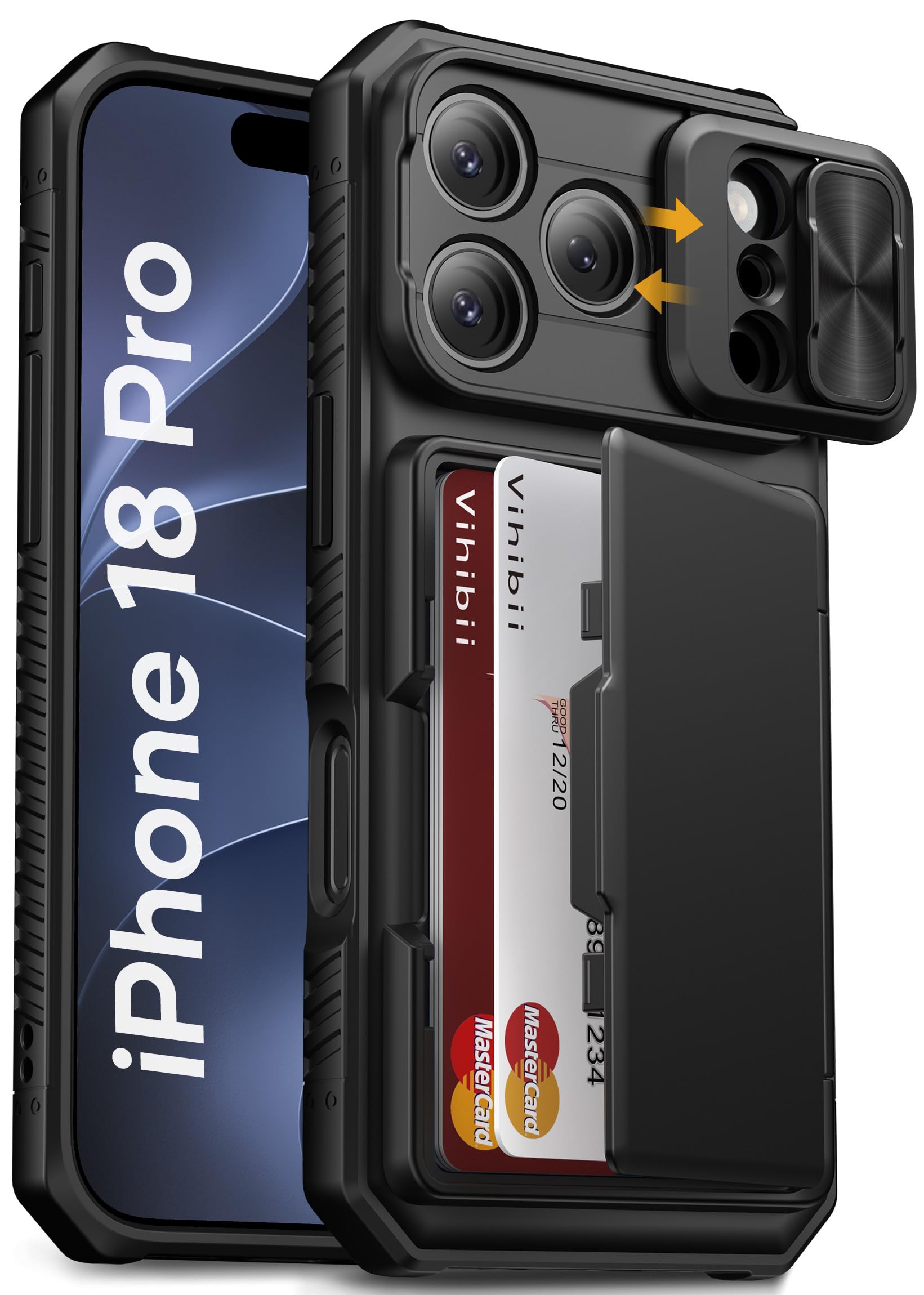 Vihibii for iPhone 18 Pro Case Wallet with Card Holder (4 Cards), Black