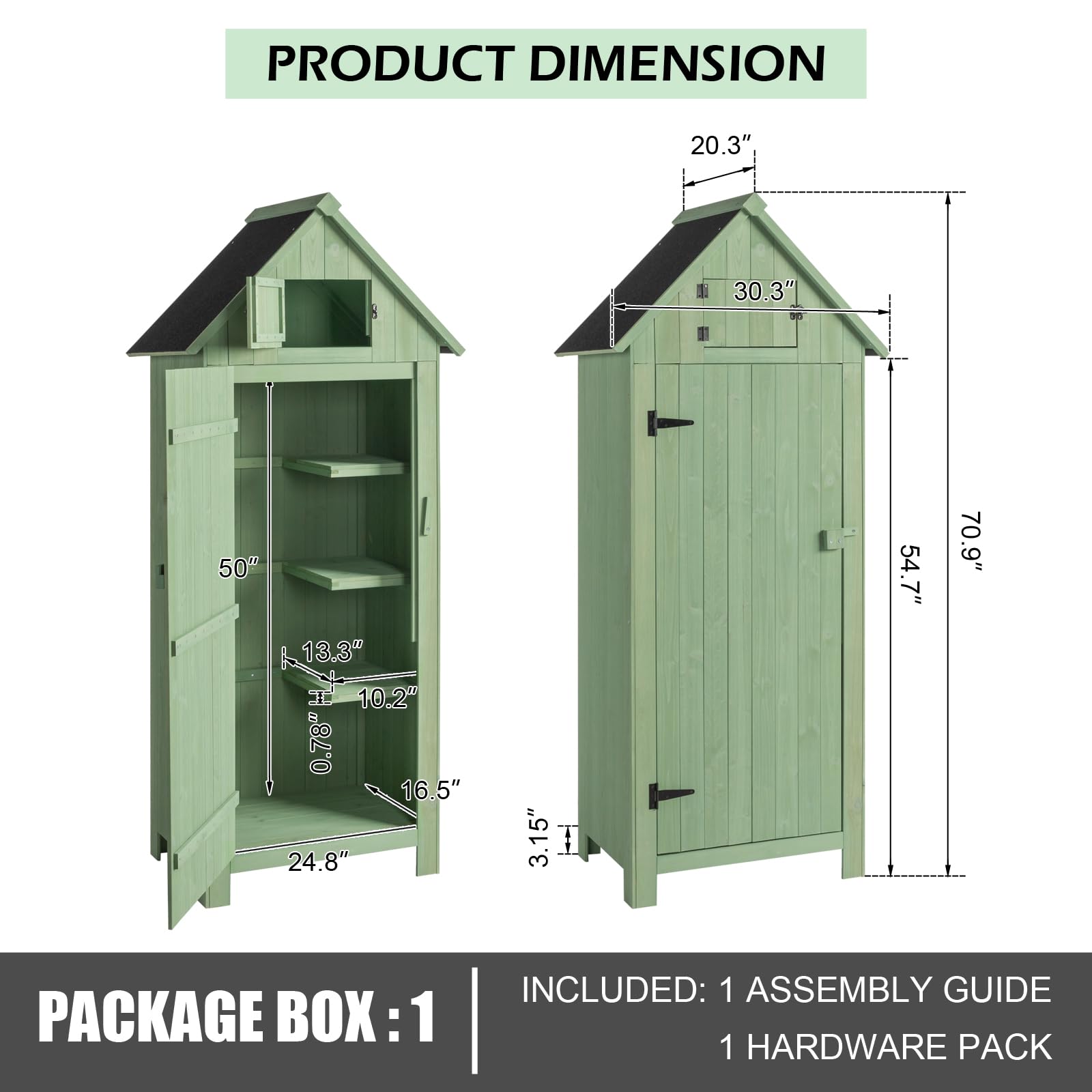 Outopee Wooden Garden Shed with Single Door and Slope Roof, Outdoor Storage Shed, Waterproof Utility Wooden Lockers, 77 x 54.3 x 179 cm, Green — view 4
