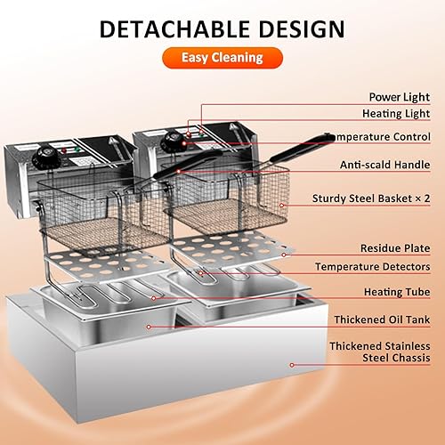 Miniatura 6 de Freidora comercial con canasta, 12.7QT12L, desmontable de gran capacidad, de acero inoxidable, freidora de aceite eléctrica con control