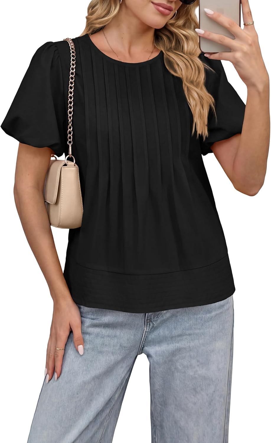 Funlingo Womens Puff Sleeve Babydoll Tops Summer Crew Neck Pleated Blouses Casual Loose Fit Flowy Swing Shirts - Image 2