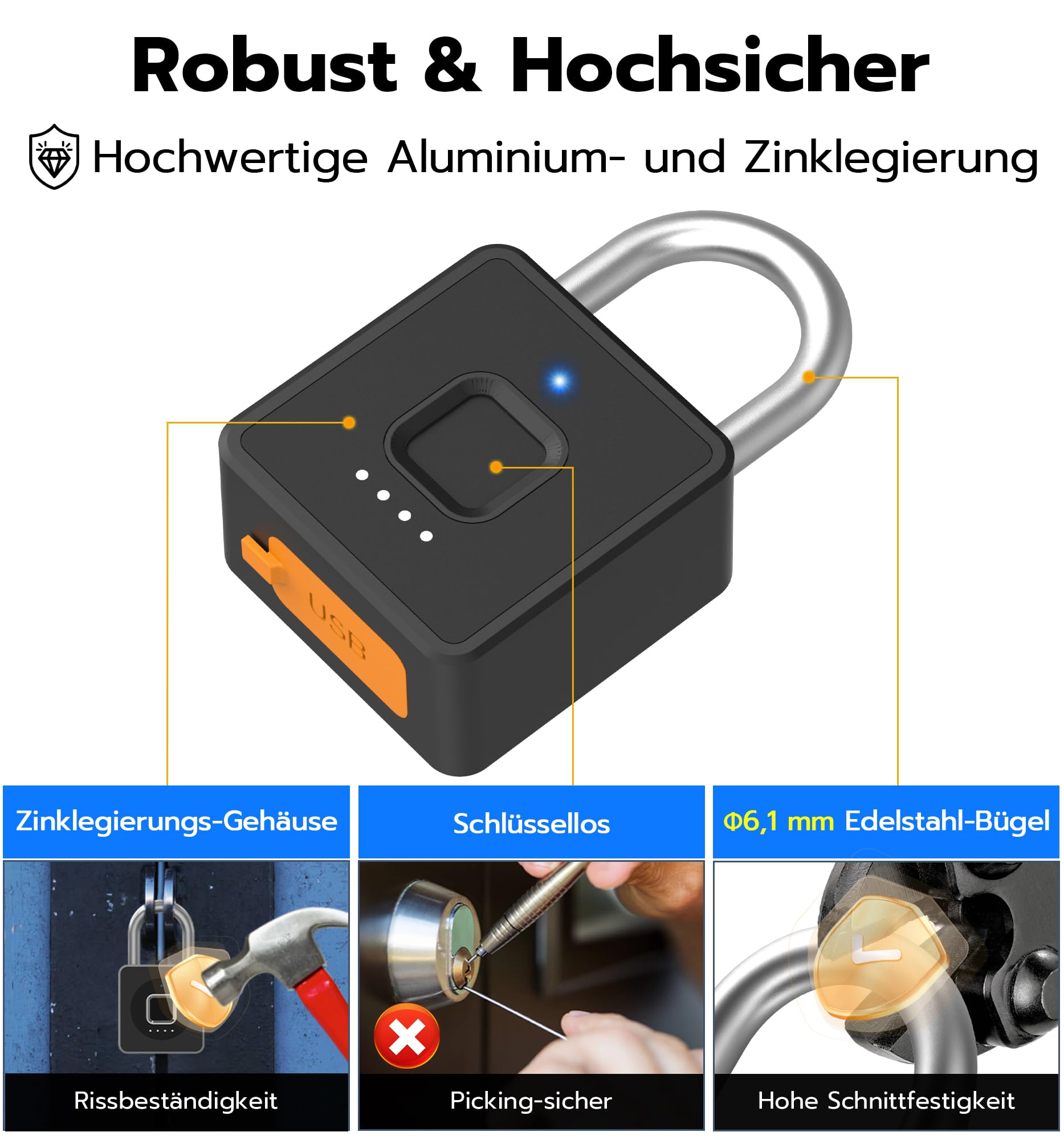 Elektronisches Vorhängeschloss mit Fingerabdruck & PIN, IP65 Wasserdichtes Smart Bluetooth Schloss mit App, USB-C Aufladung, Robust für Gartentor, Garage, Spind