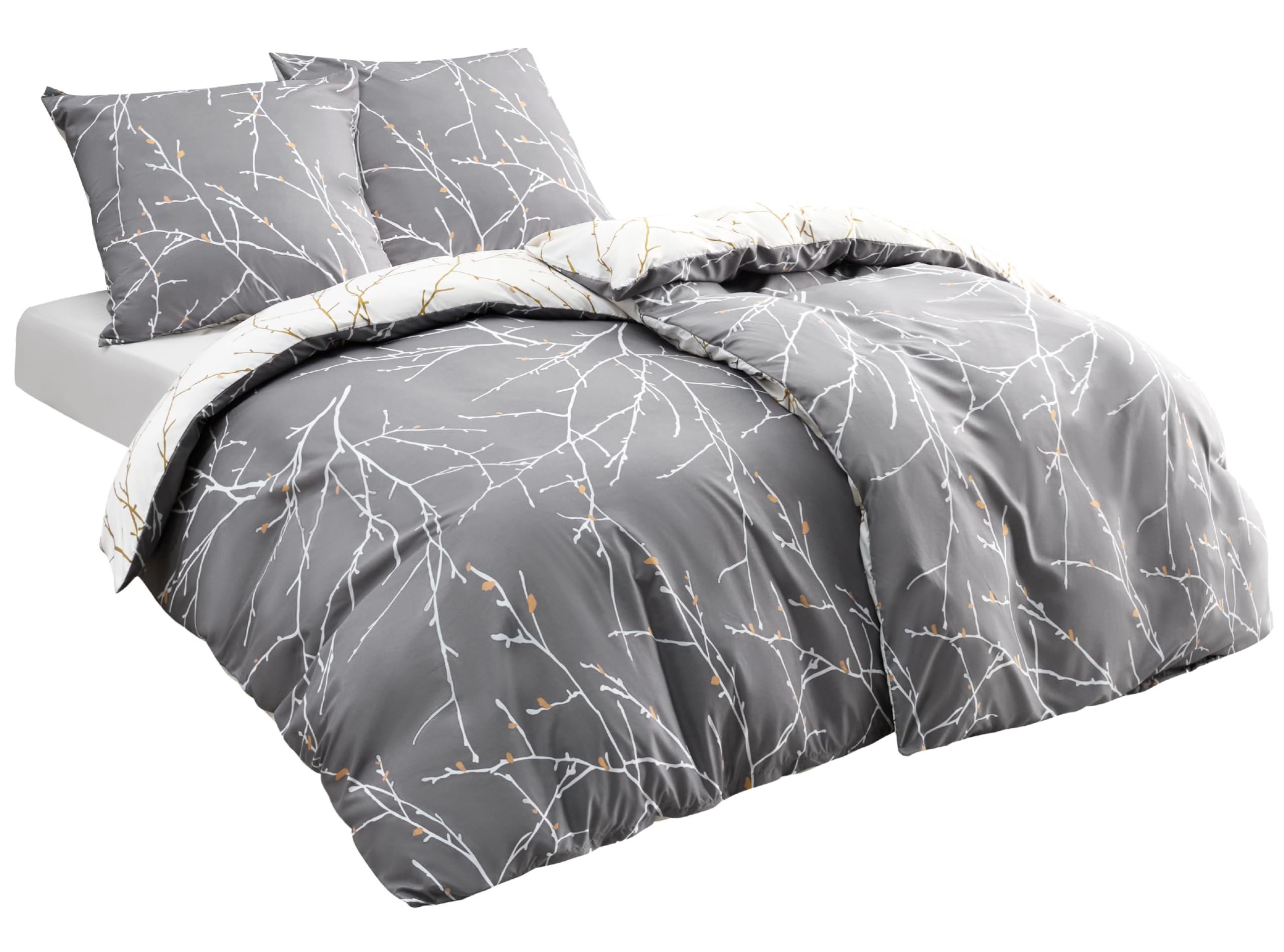BEDSURE Bettwäsche 135x200 Baumwolle 4teilig - Bettwäsche-Sets Grau Bettbezug 2er Set mit 2 Kissenbezüge 80x80 cm, ÖKO-TEX Wendebettwäsche Bedding Zweige Muster mit Reißverschluss