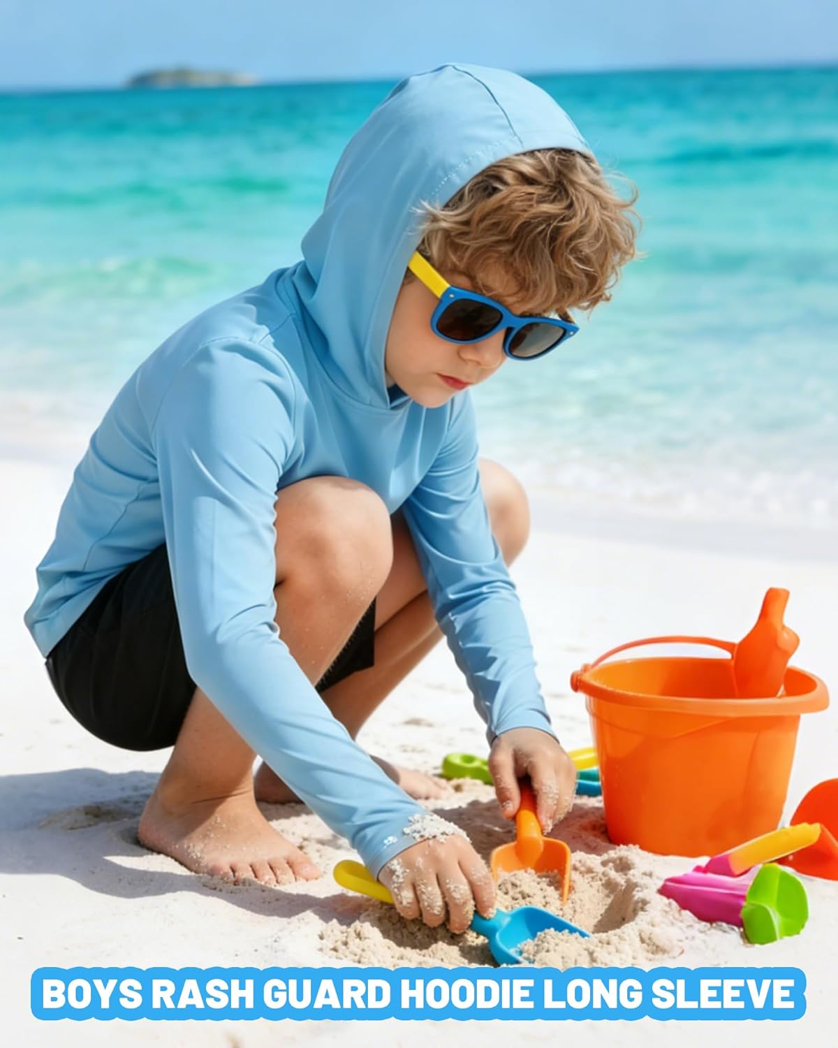 UPF 50+ Boys Rash Guard Hoodie Long Sleeve Youth Kids Swim Shirt UV Sun Protection Hooded for Fishing Running Beach - Image 2