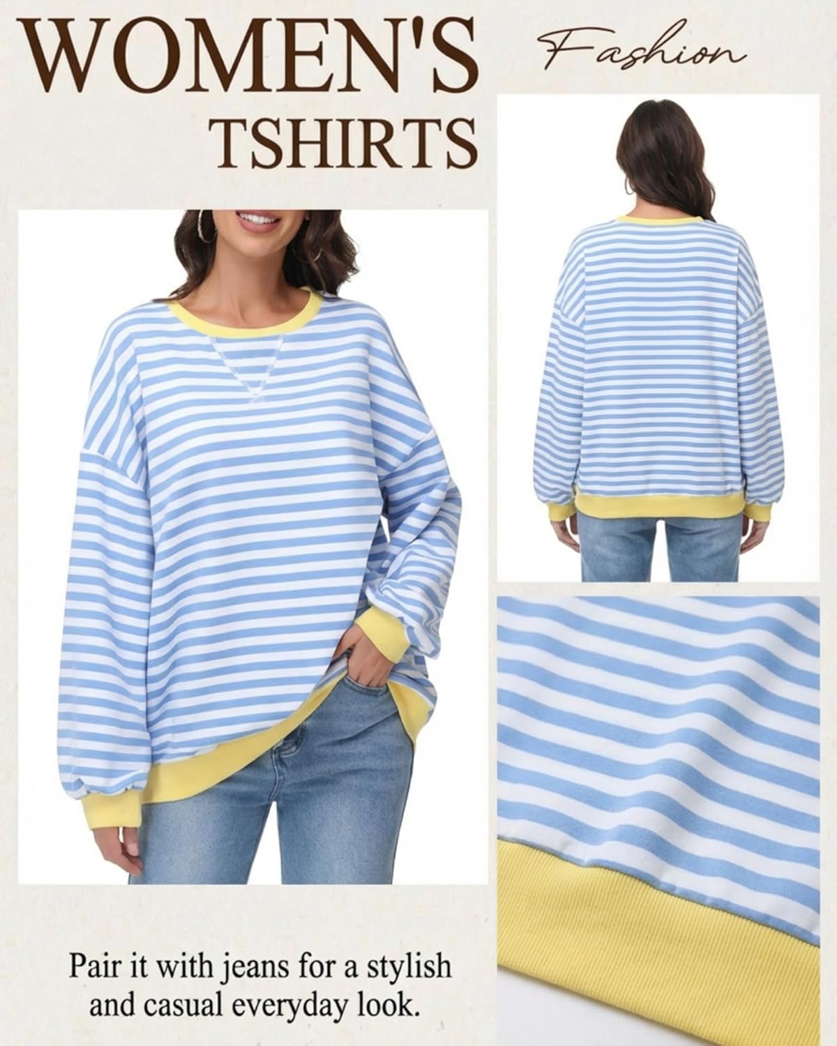 Women Oversized Striped Sweatshirt Casual Long Sleeve Pullover Shirt Crew Neck Color Block Loose Top Fall Winter - Image 5