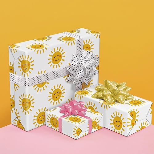 Miniatura 6 de SaringSwoon Smiley Sun - Papel de regalo para niños y adultos, color amarillo brillante con la sonrisa del sol para cumpleaños, baby showers, y