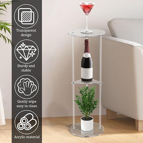 Acrylic Side Table,20x20x60CM Drink Table for Small Spaces,3 Tier Transparent Pedestal End Table for Living Room, Bedroom, Bathroom, Hallway